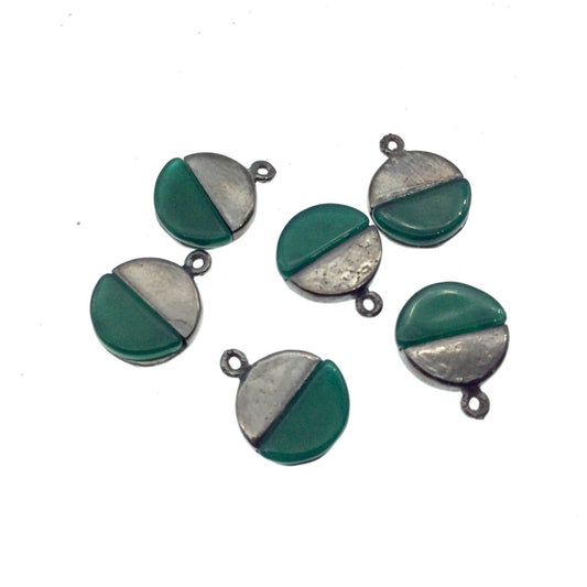 Tiny Gunmetal Finish Round/Coin Shaped Semicircle Green Onyx Plated Copper Pendant Component - Measuring 9mm x 9mm  - Sold in Pack of Two