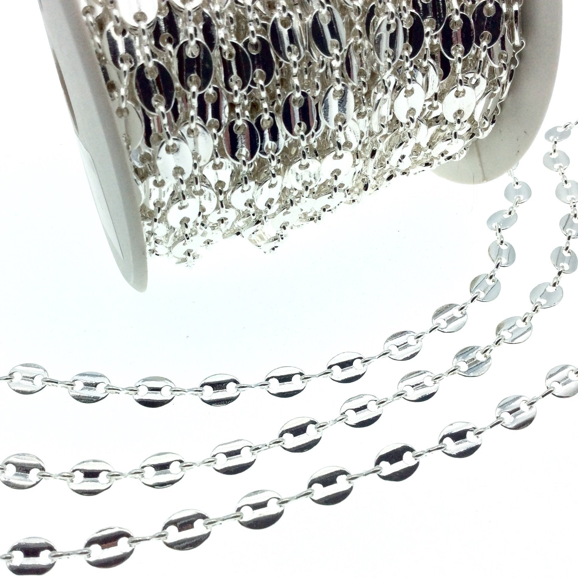 Silver Plated Brass Oval Disc and Link Chain - 8mm Oval With Connectors - Sold By the Foot!