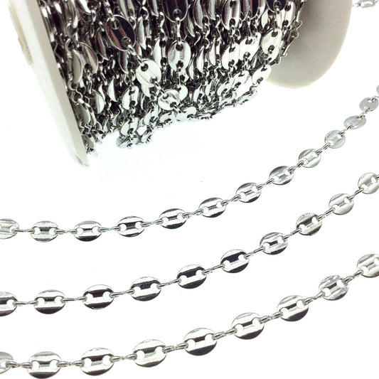 Oxidized Silver Plated Brass Oval Disc and Link Chain - 8mm Oval With Connectors - Sold By the Foot!