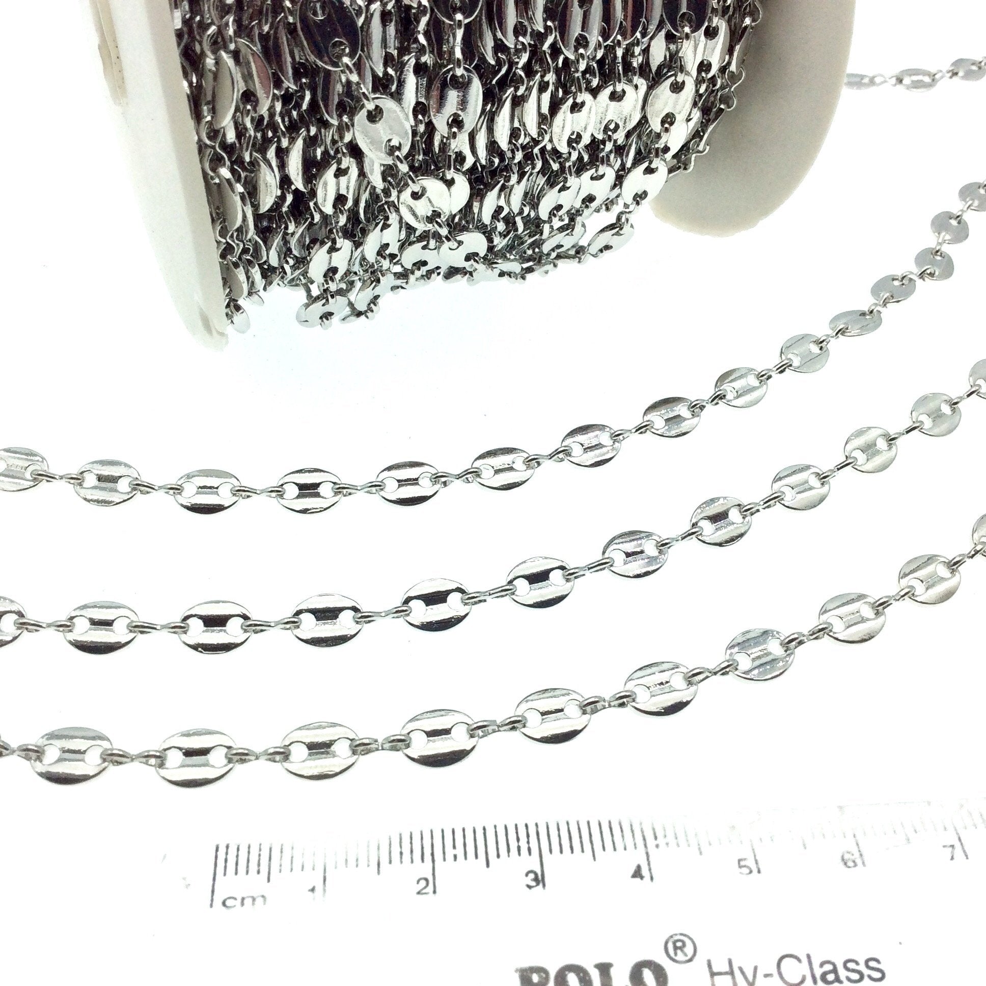 Oxidized Silver Plated Brass Oval Disc and Link Chain - 8mm Oval With Connectors - Sold By the Foot!
