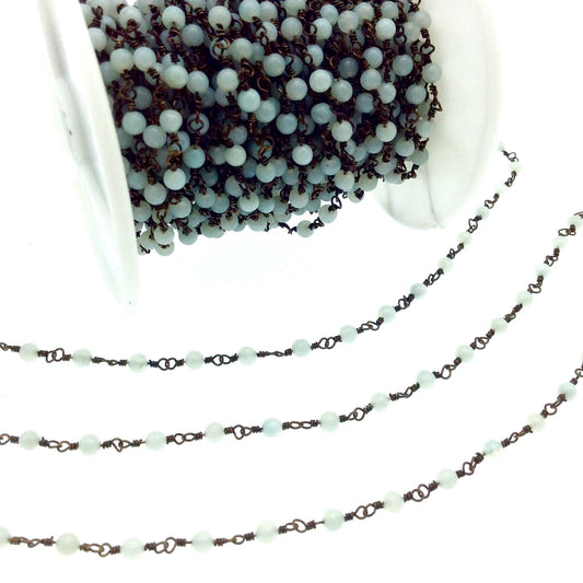 Antique Bronze Plated Copper Wrapped Rosary Chain with 3mm Natural Pale Amazonite Round Shaped Beads - Sold by 1' Cut Sections