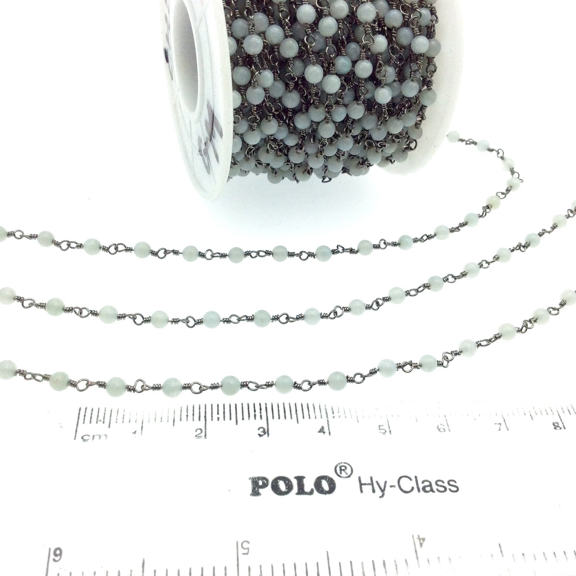 Gunmetal Plated Copper Wrapped Rosary Chain with 3mm Natural Pale Amazonite Round Shaped Beads - Sold by 1' Cut Sections