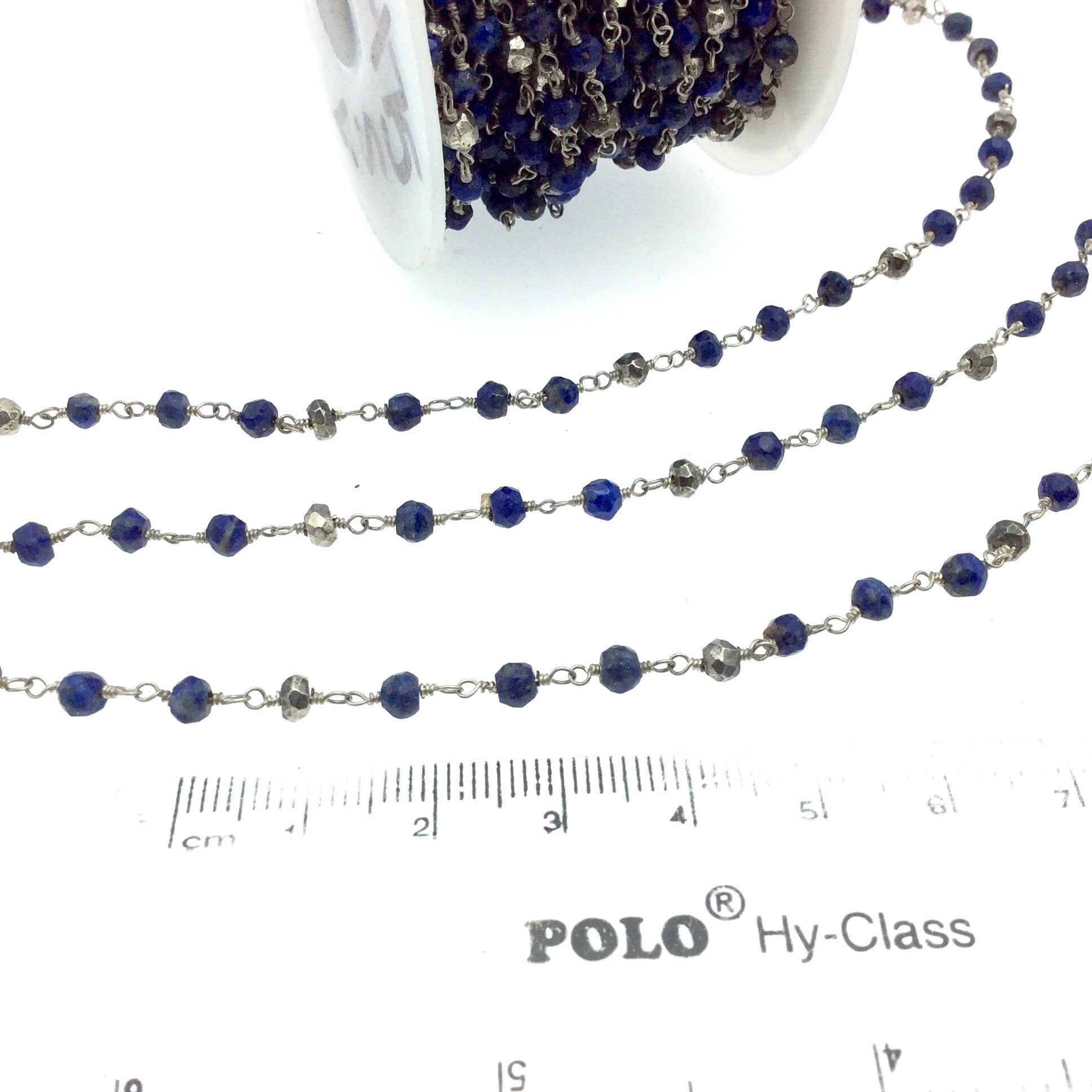 Silver Plated Copper Wrapped Rosary Chain W 3-4mm Faceted Natural Lapis and Metallic Pyrite Rondelle Shape Beads - Sold by 1' Cut Sections