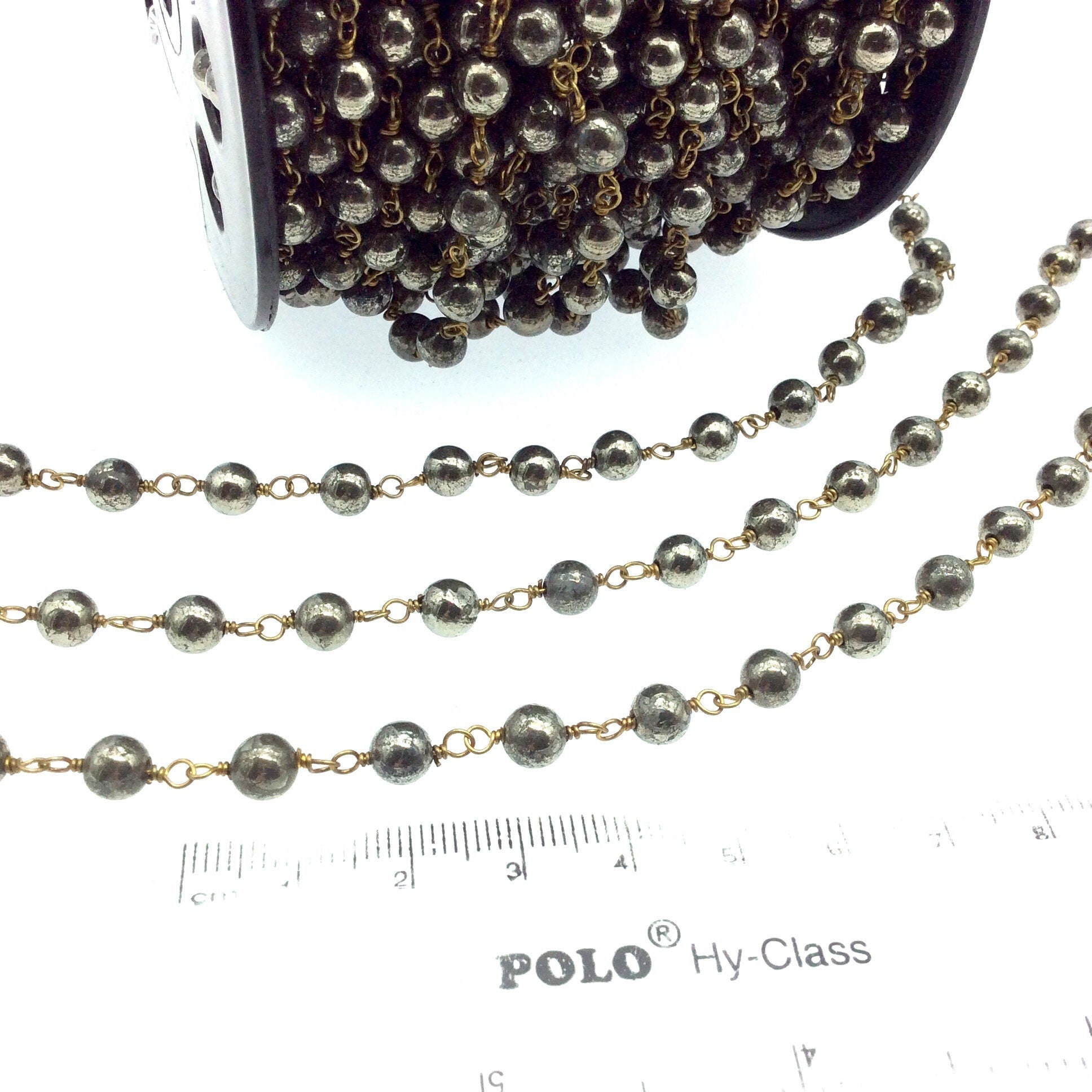 Gold Plated Copper Wrapped Rosary Chain with 6mm Smooth Natural Pyrite Round Shaped Beads - Sold by the Foot, or in Bulk!