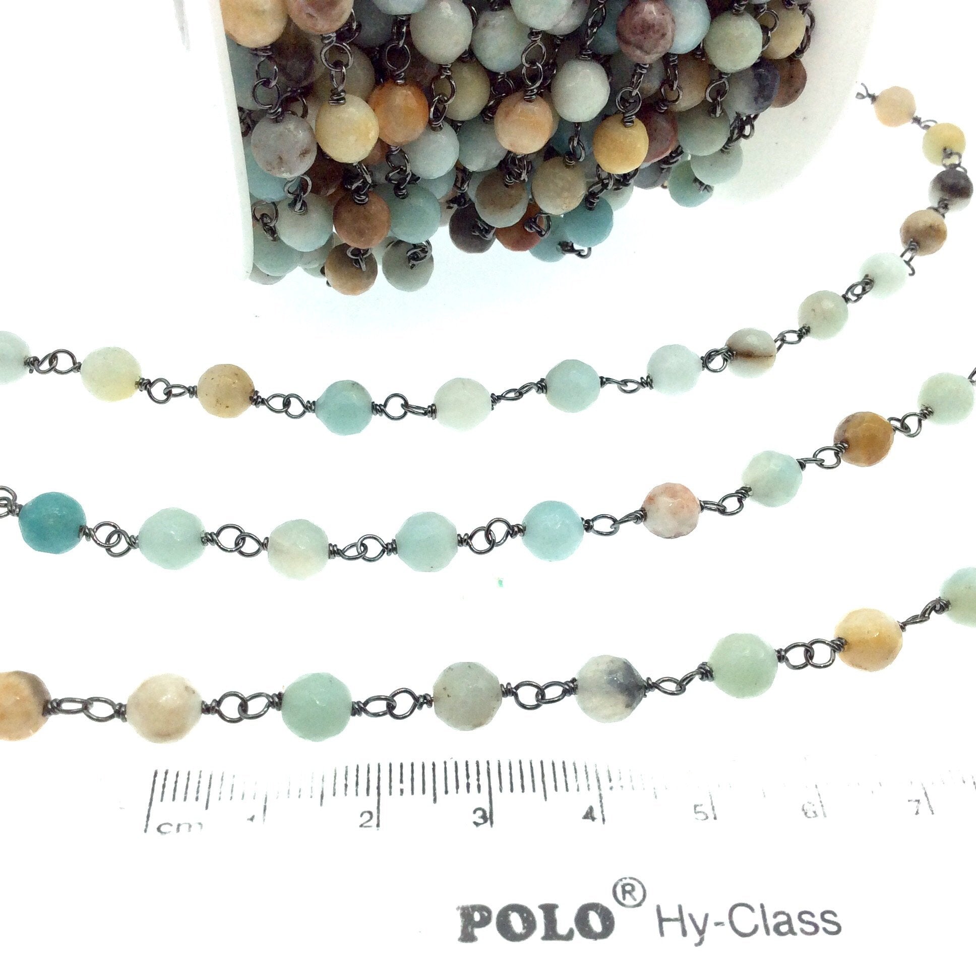 Gunmetal Plated Copper Wrapped Rosary Chain with 6mm Faceted Natural Mixed Amazonite Round Shaped Beads - Sold by the Foot!