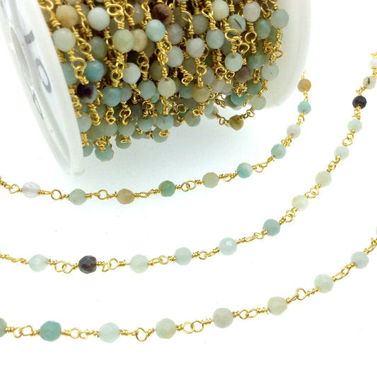 Gold Plated Copper Rosary Chain with 4mm Faceted Natural Mint Green Amazonite Round Shaped Beads - Semi-Precious Wrapped Beaded Chain