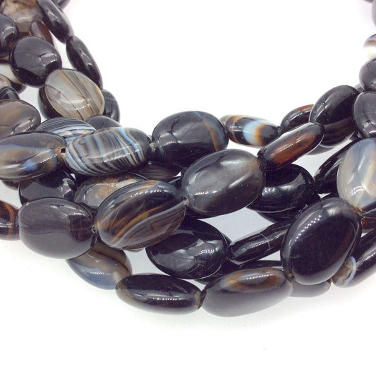 Natural Black/Brown/Gray Banded Agate Oval Beads - 15.5" Strand (Approx. 22 Beads) - Approx. 13mm x 18mm  - Sold by the Strand