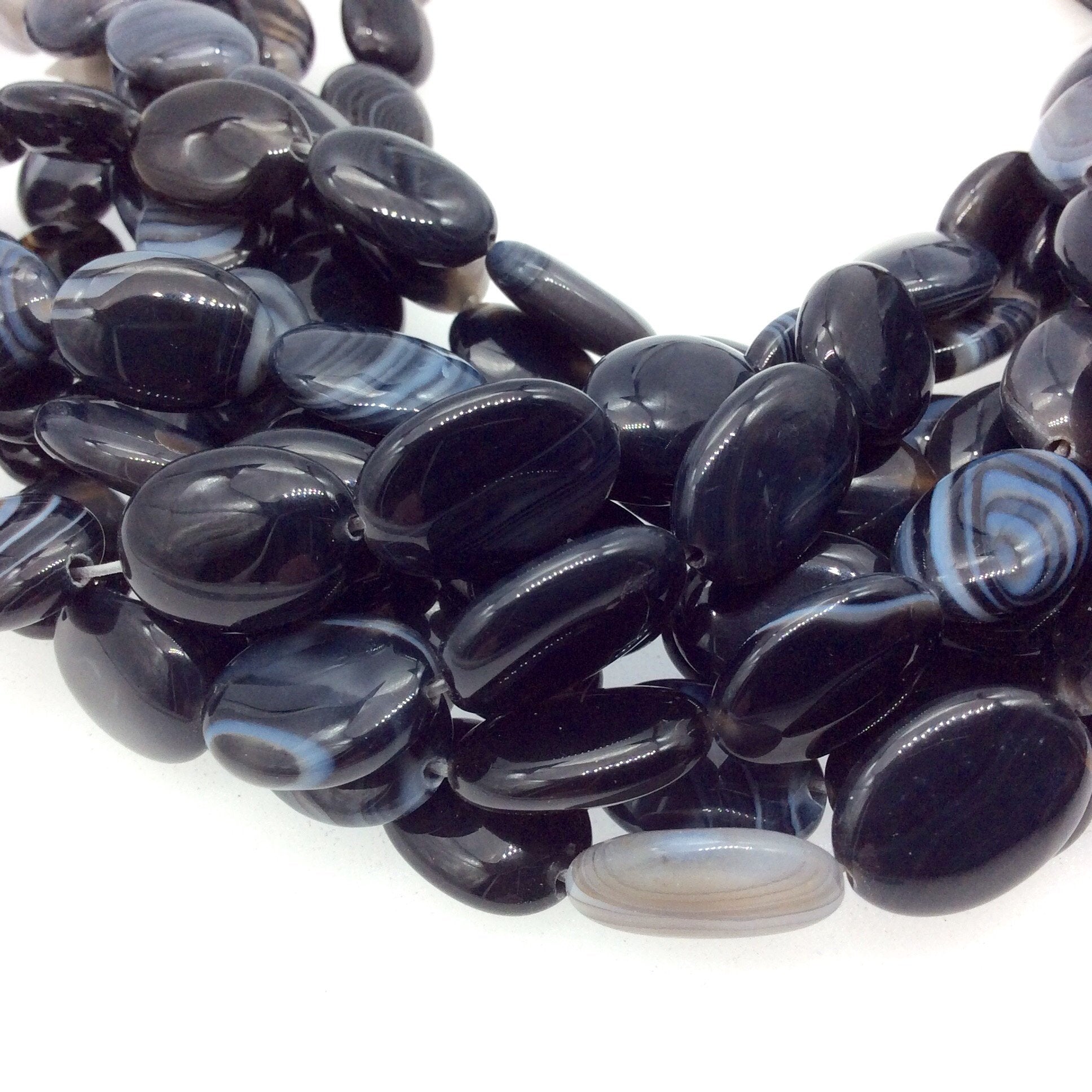 Natural Gray/Blue/Black Banded Agate Oval Beads - 15.5" Strand (Approx. 22 Beads) - Approx. 13mm x 18mm  - Sold by the Strand