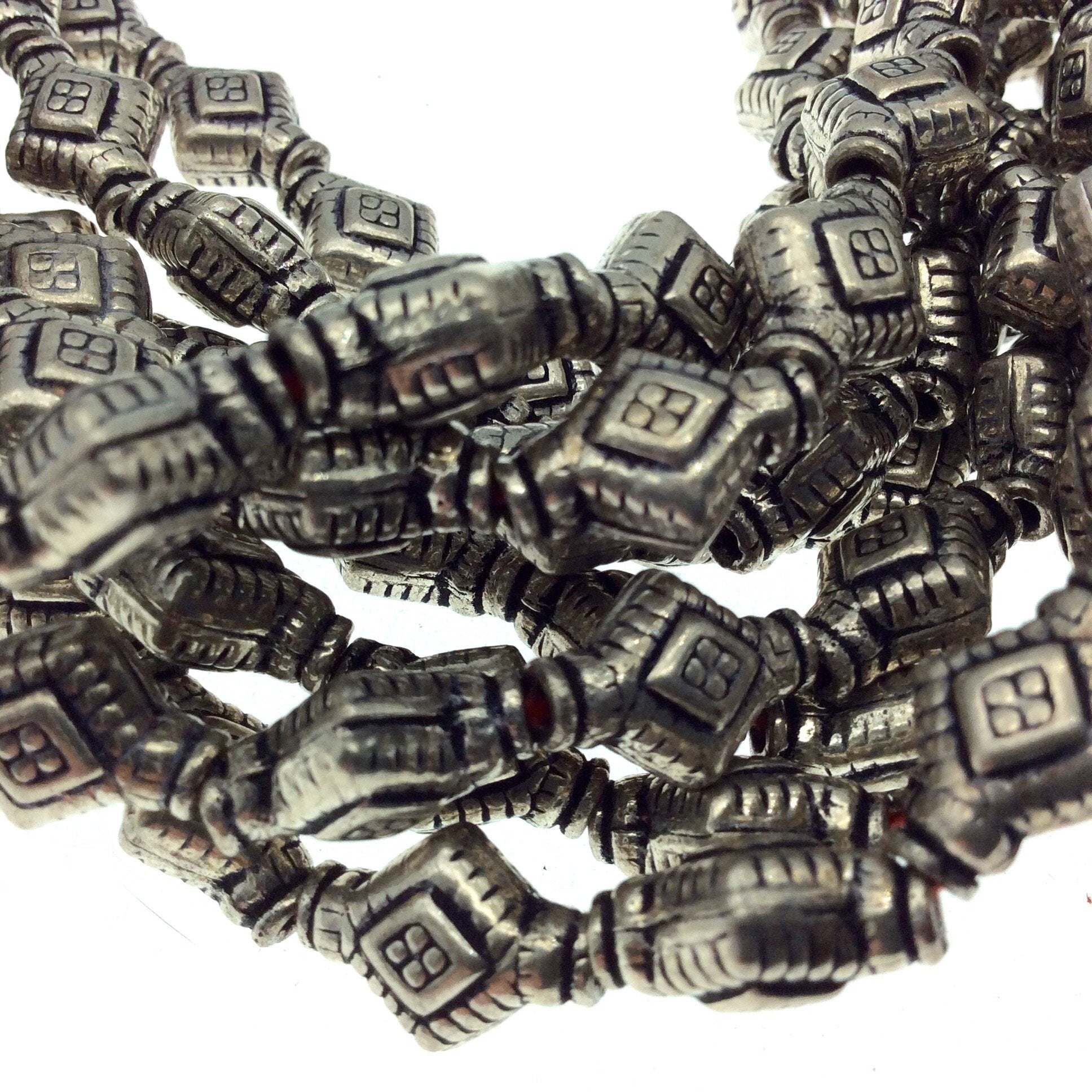 Silver Finish Rimmed Patterned Diamond Shaped Pewter Beads - 8" Strand (Approx. 14 Beads) - Measuring 10mm x 13mm, Approx. - 2mm Hole Size