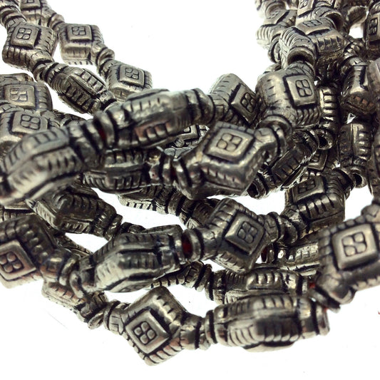 Silver Finish Rimmed Patterned Diamond Shaped Pewter Beads - 8" Strand (Approx. 14 Beads) - Measuring 10mm x 13mm, Approx. - 2mm Hole Size