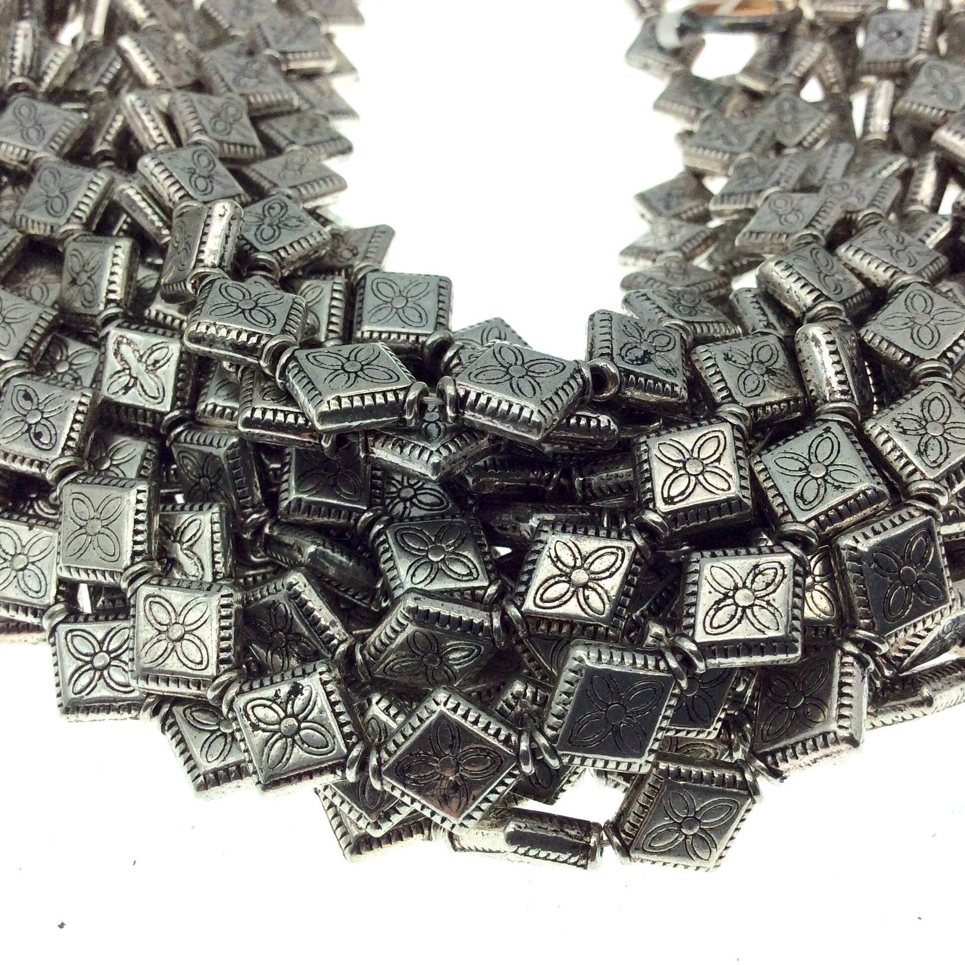 Silver Finish Flower Embossed Diamond Shape Pewter Beads - 8" Strand (Approx. 21 Beads) - Measuring 8mm x 10mm, Approx. - 1.5mm Hole Size