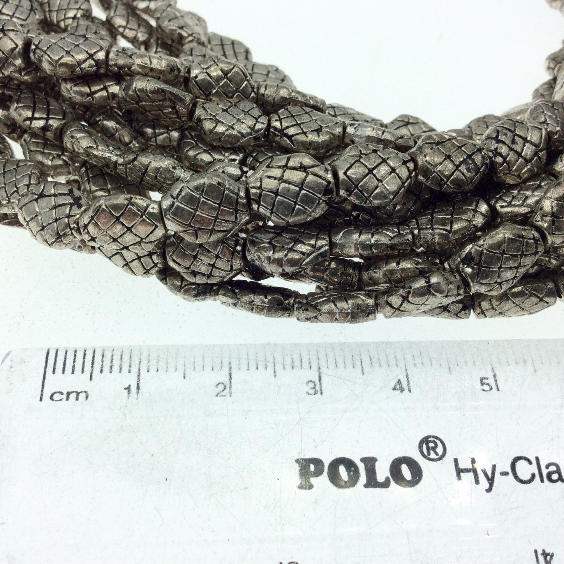 Silver Finish Crosshatched Hexagon Pewter Beads - 8" Strand (Approx. 23 Beads) - Measuring 6mm x 8mm, Approx. - 2mm Hole Size