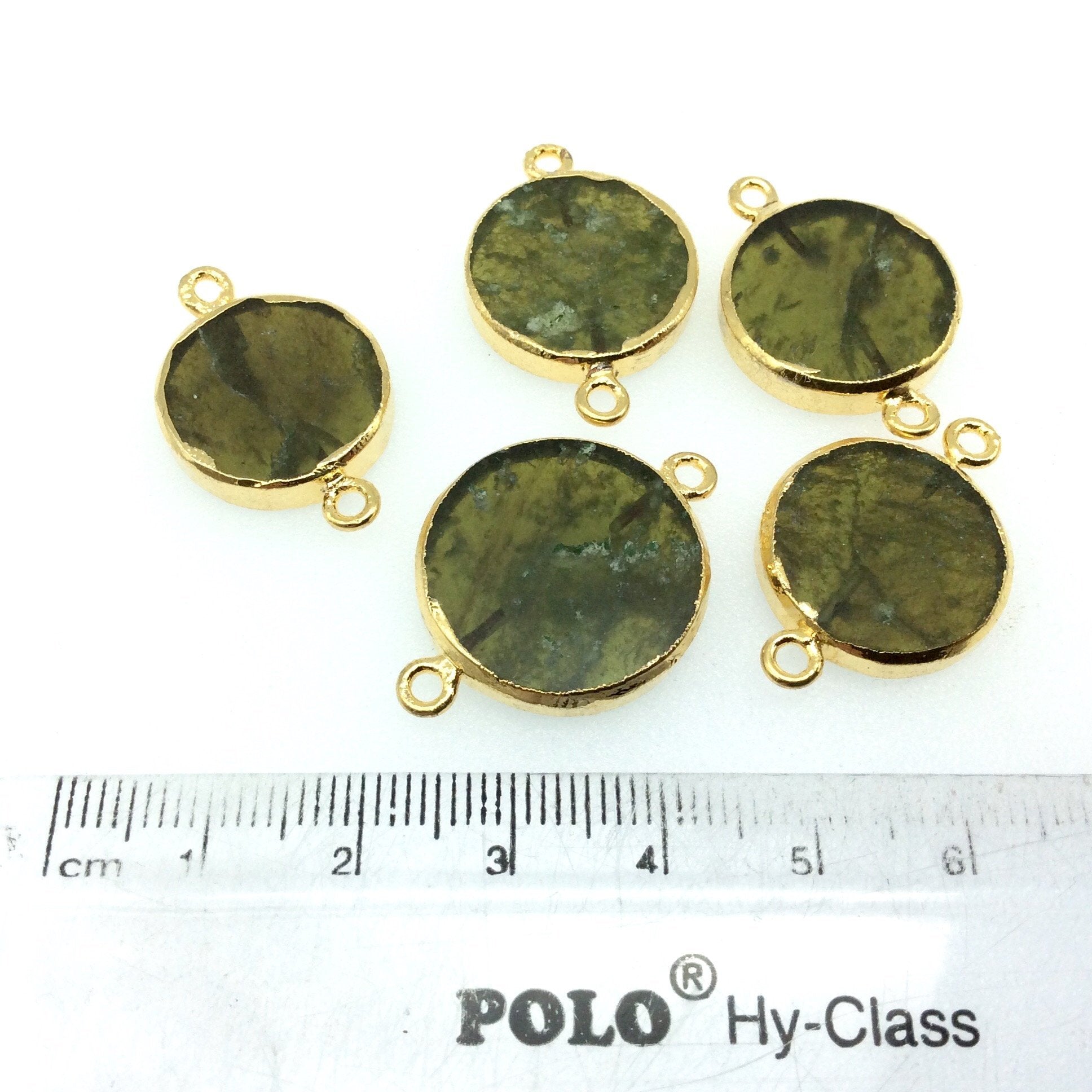 Gold Electroplated Natural Flat Green Vasonite Round/Coin Shaped Connector - 17mm - 21mm  Long Approx. - Sold Per Each, Selected at Random