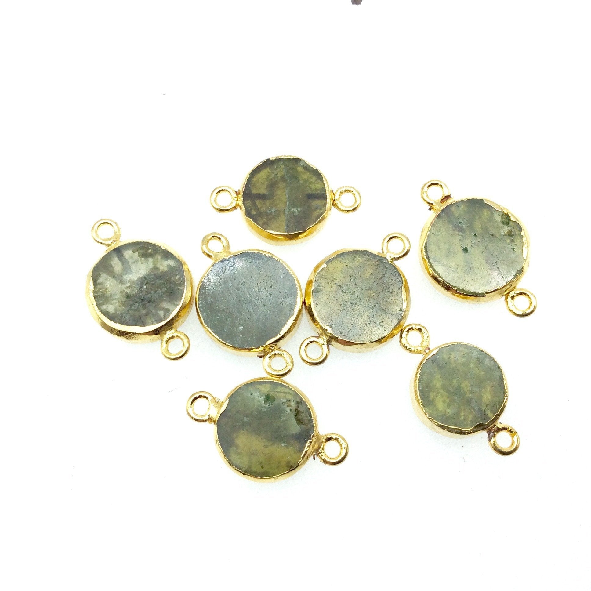 Gold Electroplated Natural Flat Green Vasonite Round/Coin Shaped Connector - 12mm - 14mm  Long Approx. - Sold Per Each, Selected at Random