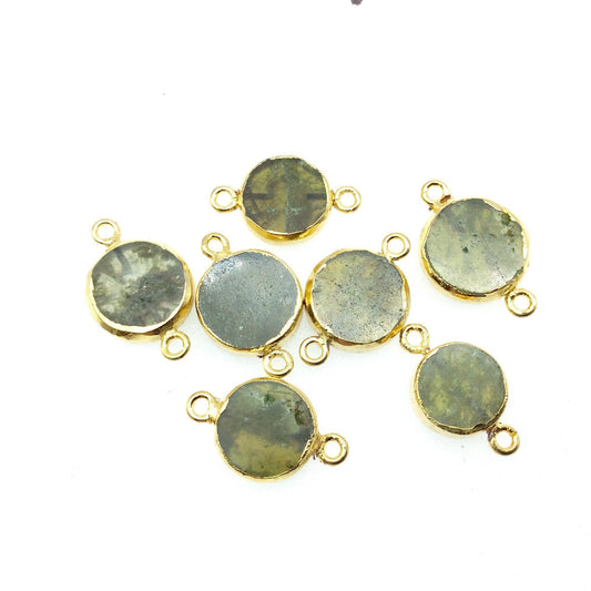 Gold Electroplated Natural Flat Green Vasonite Round/Coin Shaped Connector - 12mm - 14mm  Long Approx. - Sold Per Each, Selected at Random