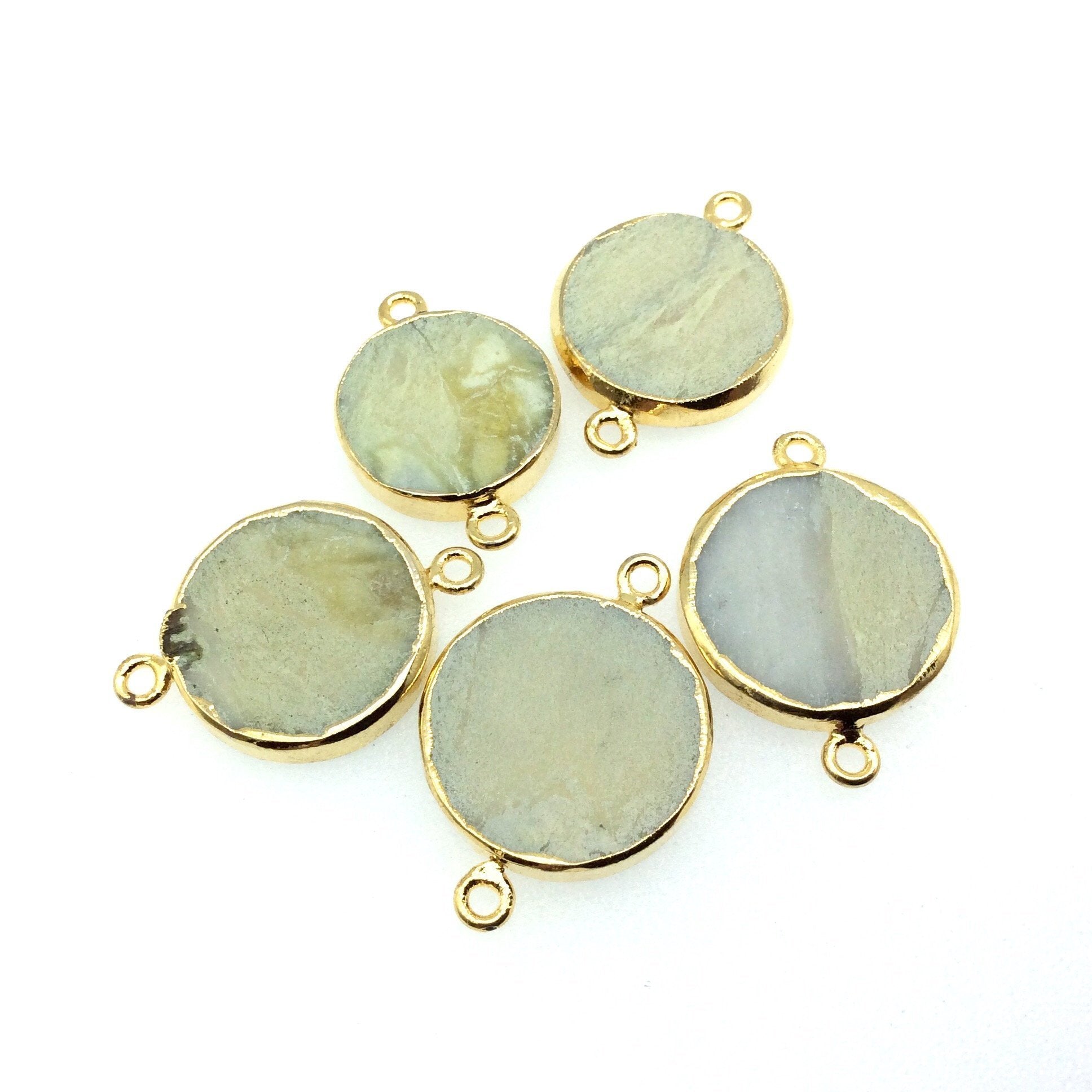 Gold Electroplated Natural Flat Yellow Opal Round/Coin Shaped Connector - 18mm - 21mm  Long Approx. - Sold Per Each, Selected at Random