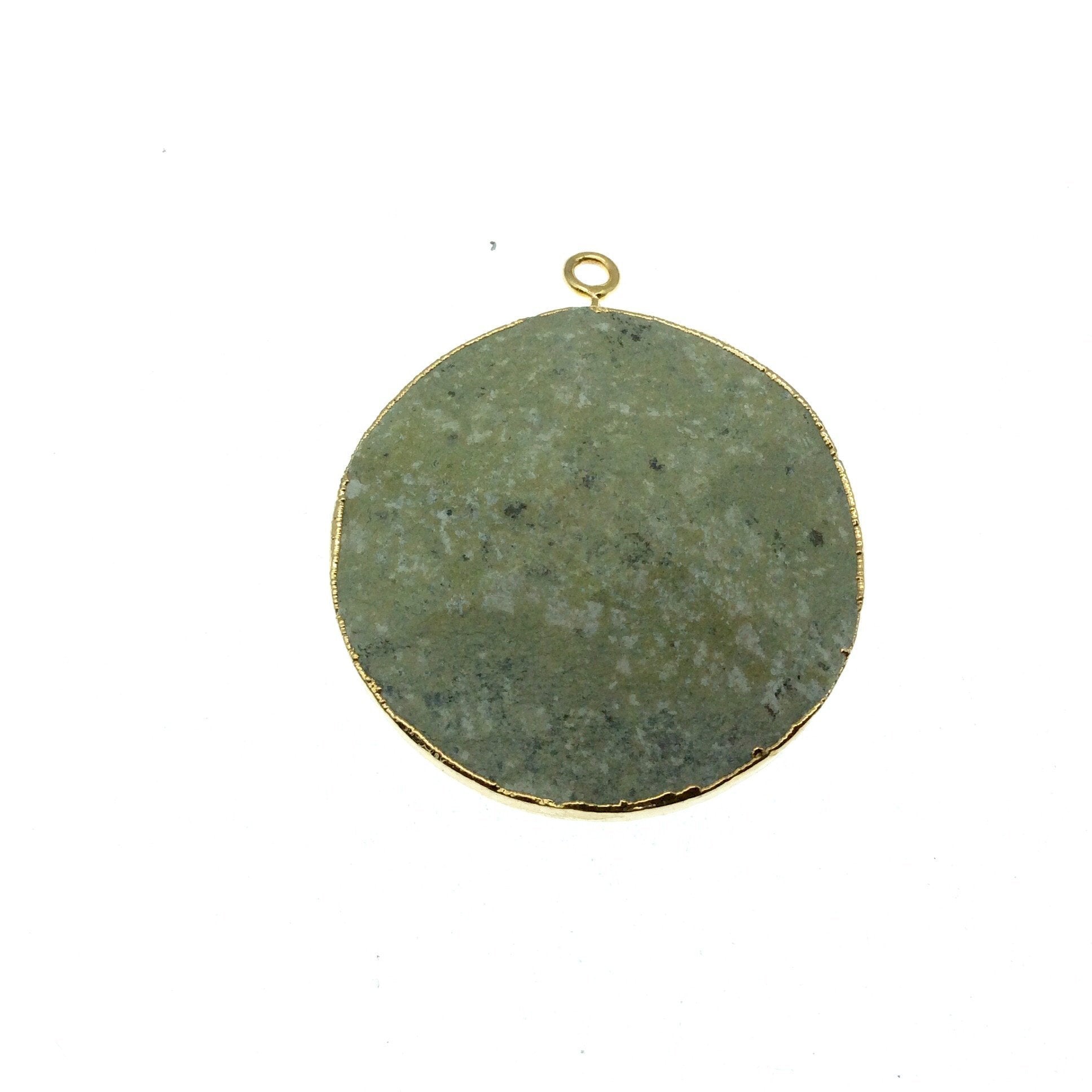 Large Gold Electroplated Prehnite Faceted Round/Coin Shaped Pendant - Measures 35-40mm approx. - Sold Individually, Random