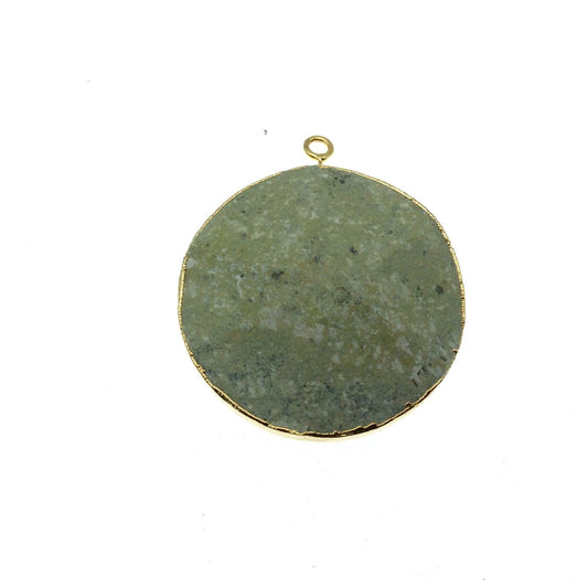 Large Gold Electroplated Prehnite Faceted Round/Coin Shaped Pendant - Measures 35-40mm approx. - Sold Individually, Random