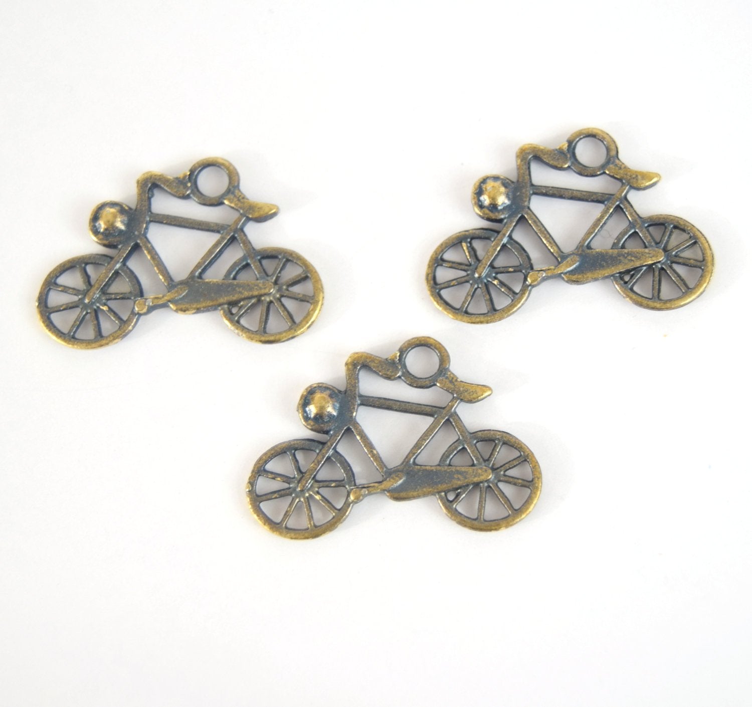 Antique Brass Plated Copper Antique Bicycle Pendant with One Ring- Measuring 20mm x 29mm - Sold Individually, Chosen at Random