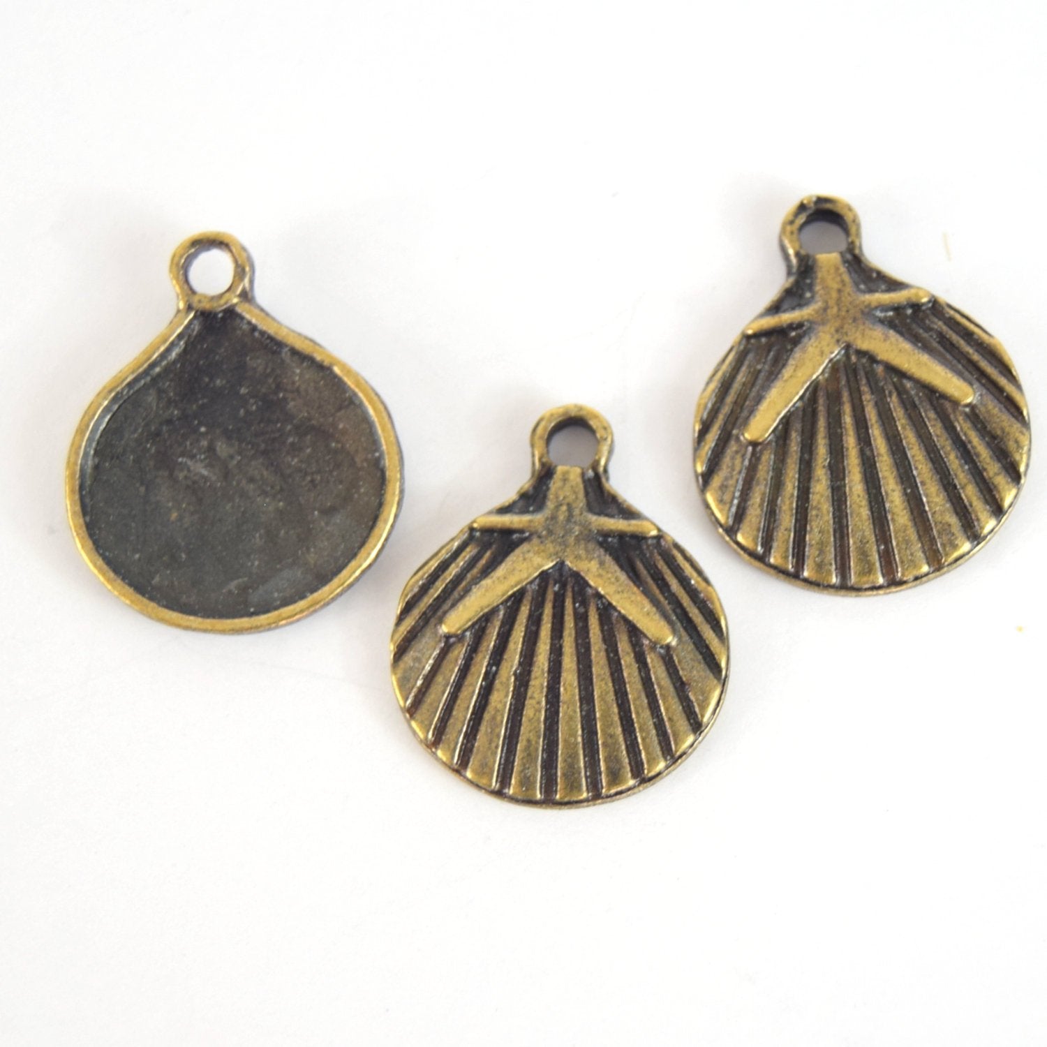 Antique Brass Plated Copper Seashell and Starfish Pendant with One Ring- Measuring 16mm x 17mm - Sold Individually, Chosen at Random
