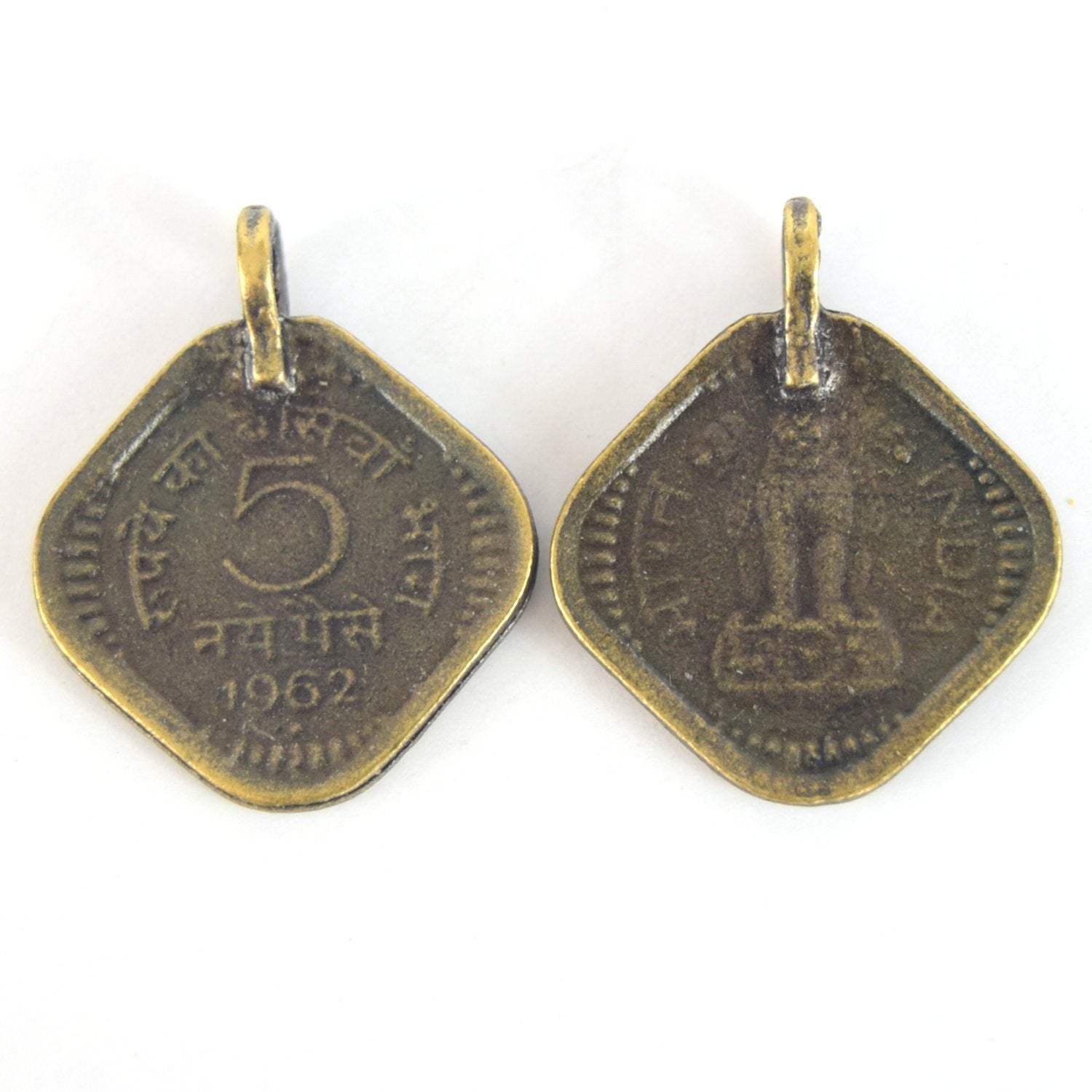 Antique Brass Plated Copper 5 Cent Indian Coin Charm/Pendant with One Ring- Measuring 21mm x 21mm - Sold Individually, Chosen at Random