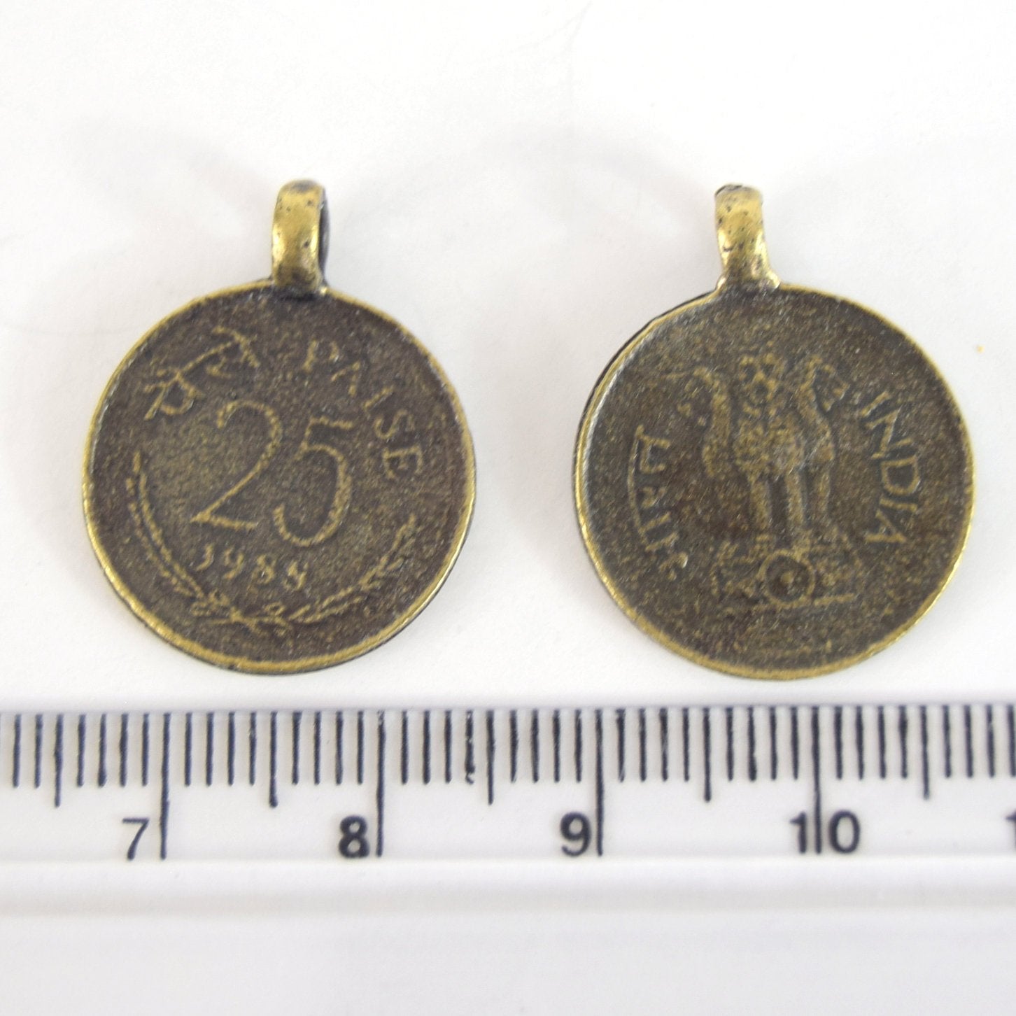 Antique Brass Plated Copper 25 Cent Indian Coin Charm/Pendant with One Ring- Measuring 18mm x 18mm - Sold Individually, Chosen at Random