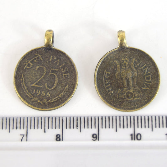 Antique Brass Plated Copper 25 Cent Indian Coin Charm/Pendant with One Ring- Measuring 18mm x 18mm - Sold Individually, Chosen at Random
