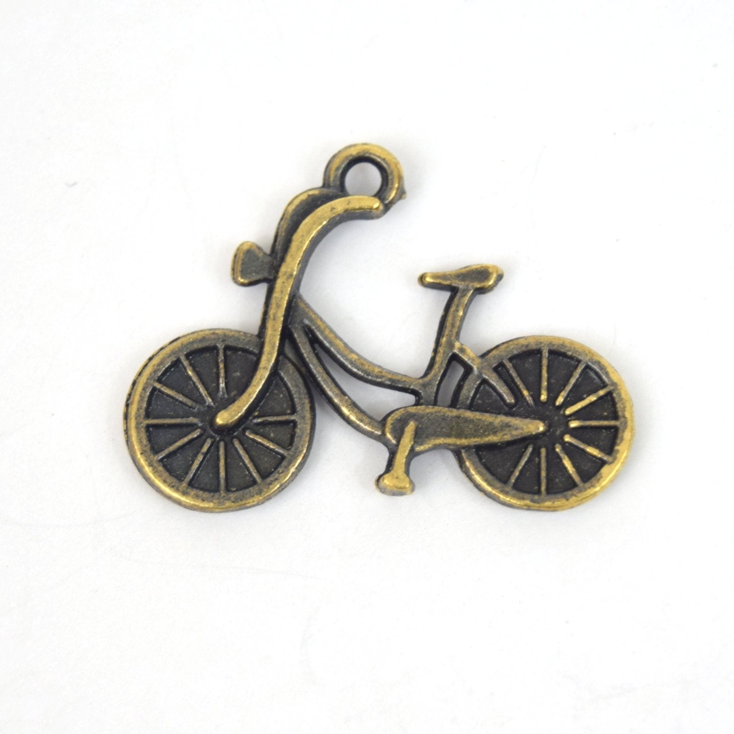 Antique Brass Plated Copper Bicycle Charm/Pendant with One Ring- Measuring 23mm x 20mm - Sold Individually, Chosen at Random