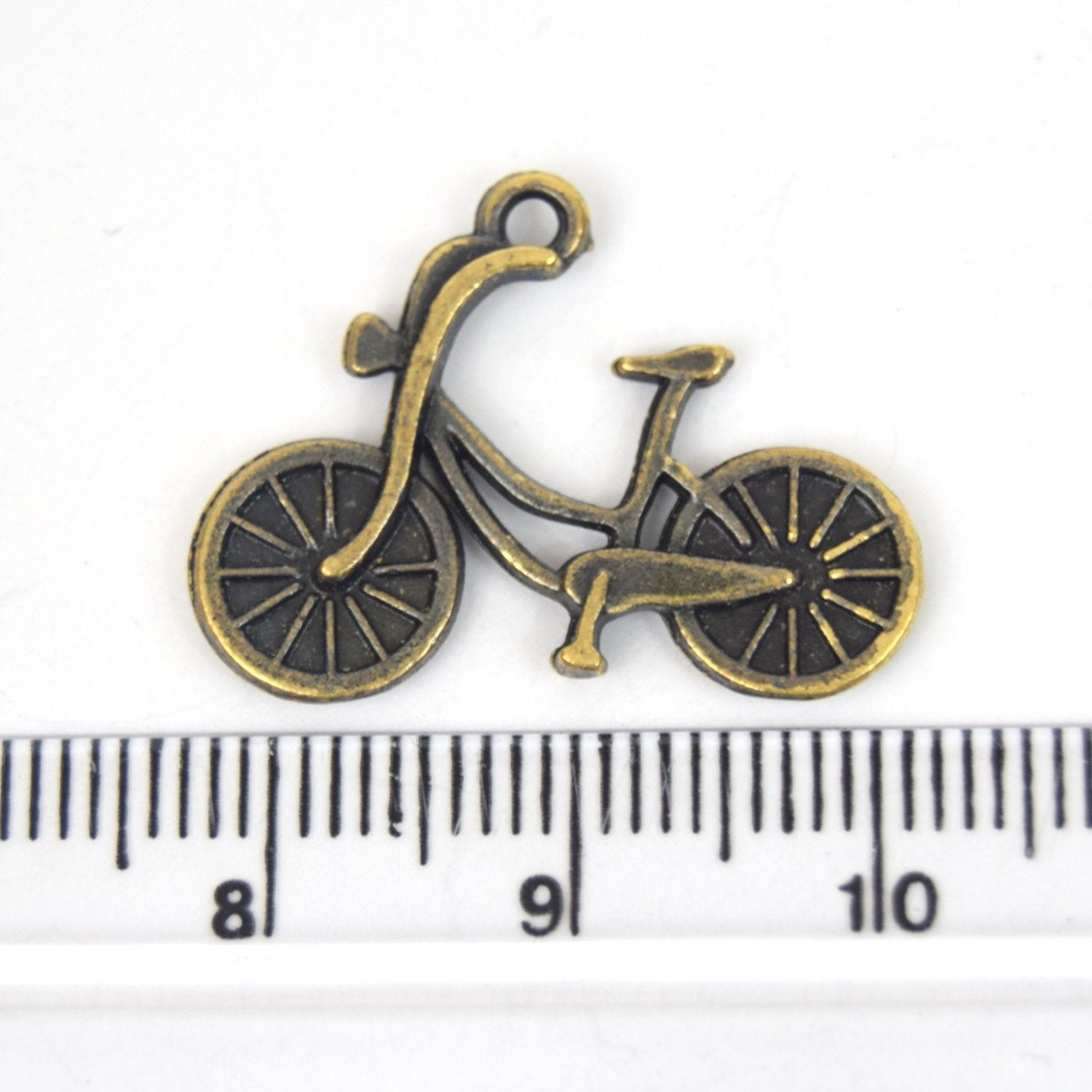 Antique Brass Plated Copper Bicycle Charm/Pendant with One Ring- Measuring 23mm x 20mm - Sold Individually, Chosen at Random