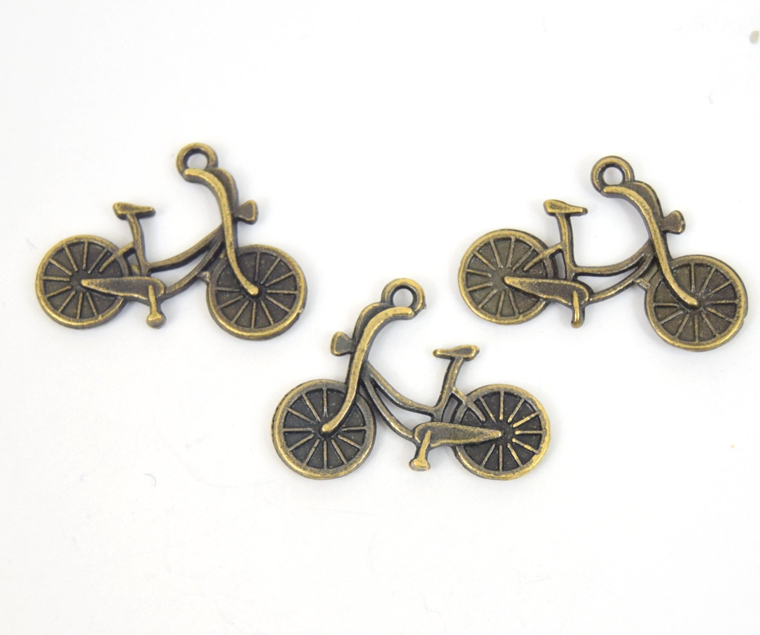 Antique Brass Plated Copper Bicycle Charm/Pendant with One Ring- Measuring 23mm x 20mm - Sold Individually, Chosen at Random