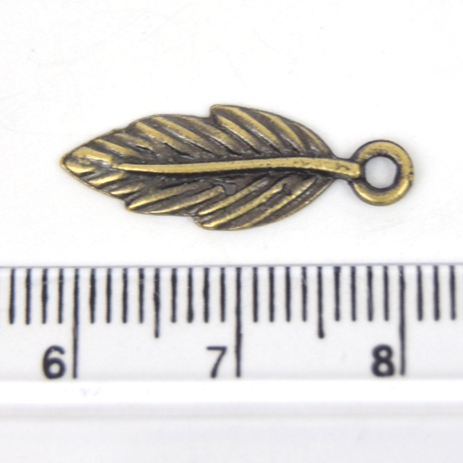 Antique Brass Plated Copper Textured Leaf Charm/Pendant with One Ring- Measuring 8mm x 18mm - Sold Individually, Chosen at Random