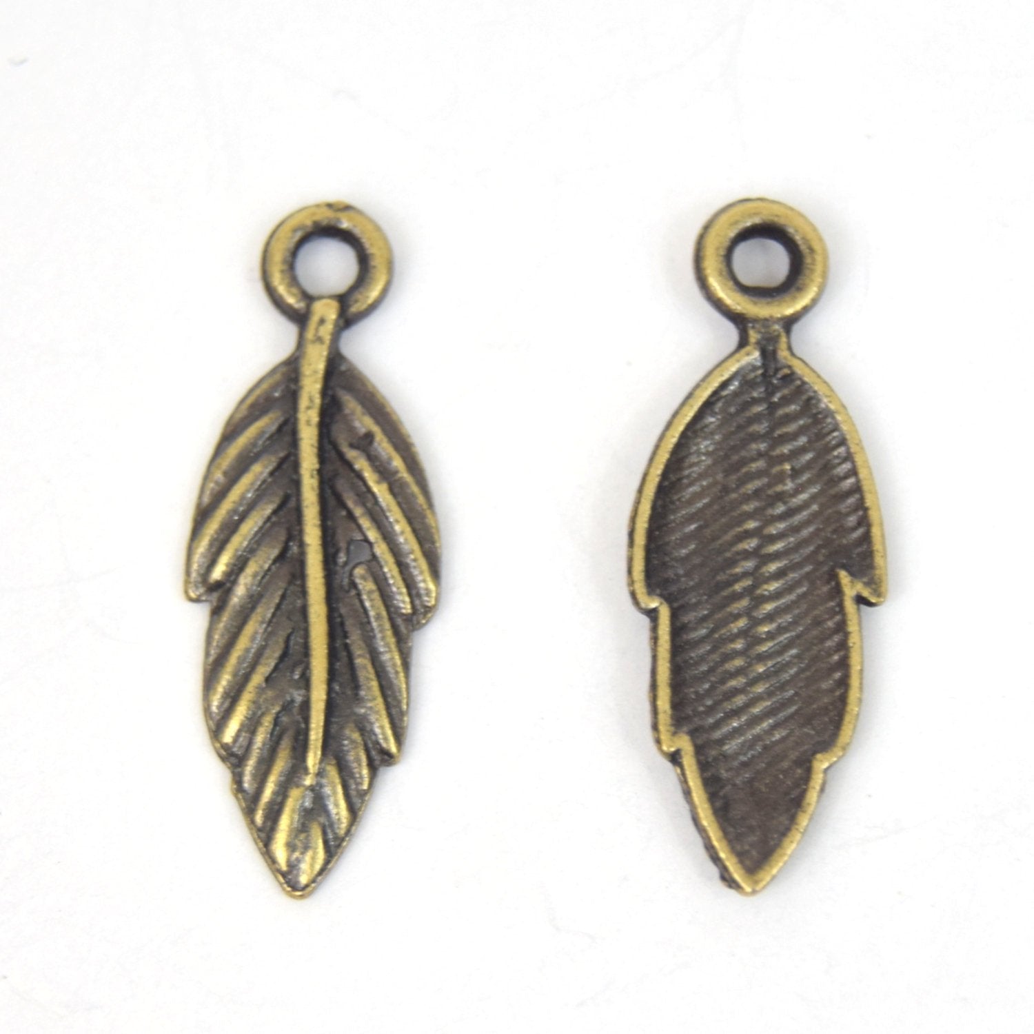 Antique Brass Plated Copper Textured Leaf Charm/Pendant with One Ring- Measuring 8mm x 18mm - Sold Individually, Chosen at Random