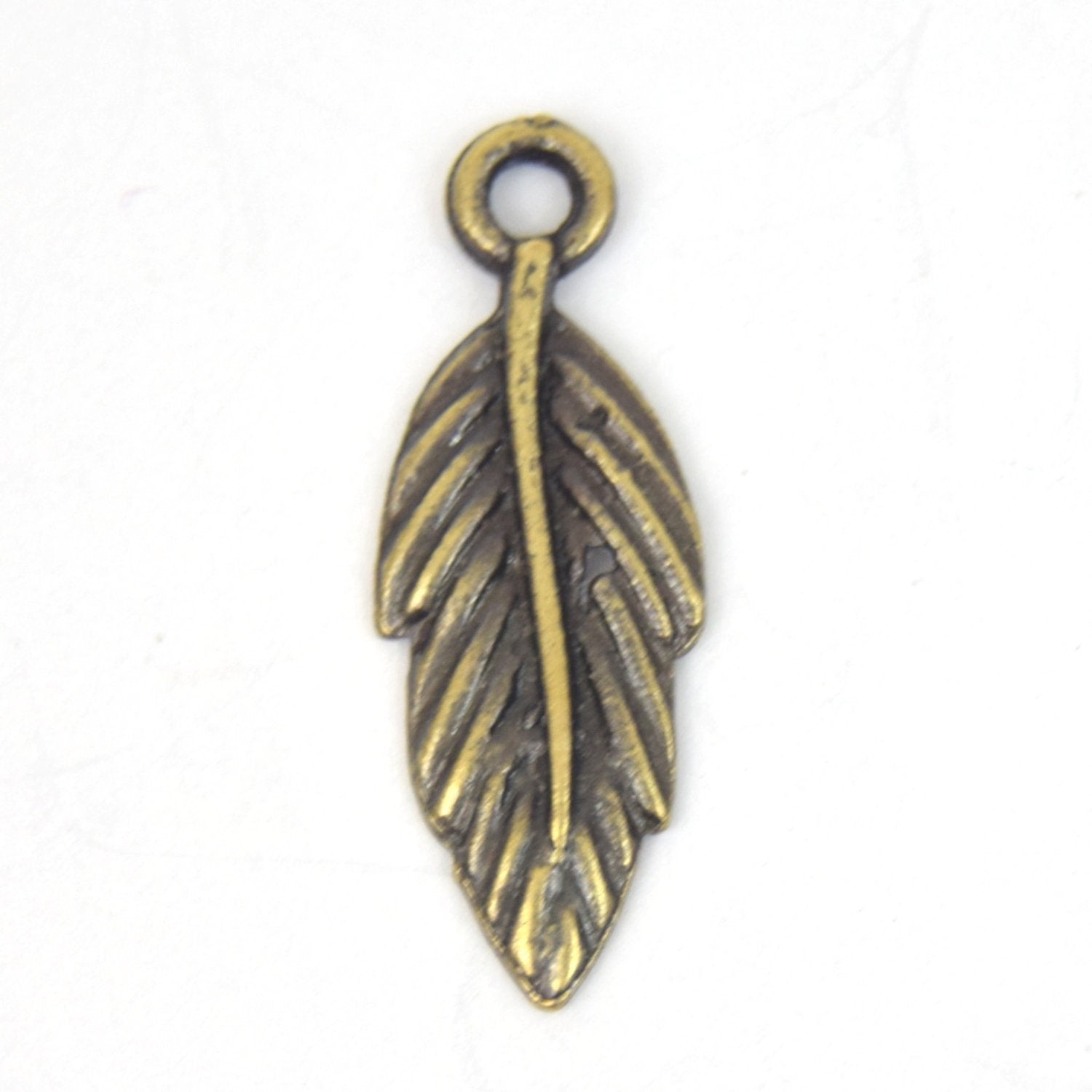 Antique Brass Plated Copper Textured Leaf Charm/Pendant with One Ring- Measuring 8mm x 18mm - Sold Individually, Chosen at Random