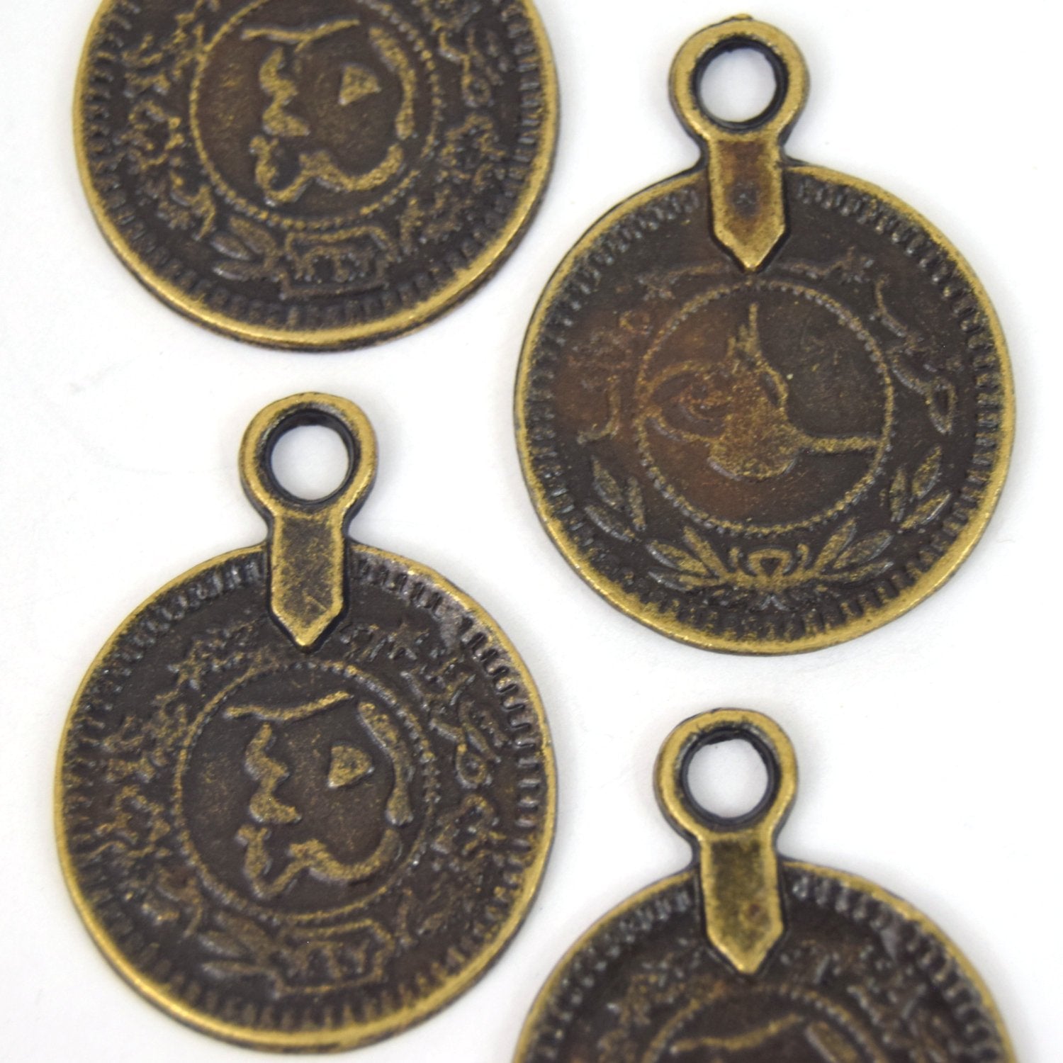 Antique Brass Plated Copper Arabic Coin Charm/Pendant with One Ring- Measuring 20mm x 20mm - Sold Individually, Chosen at Random