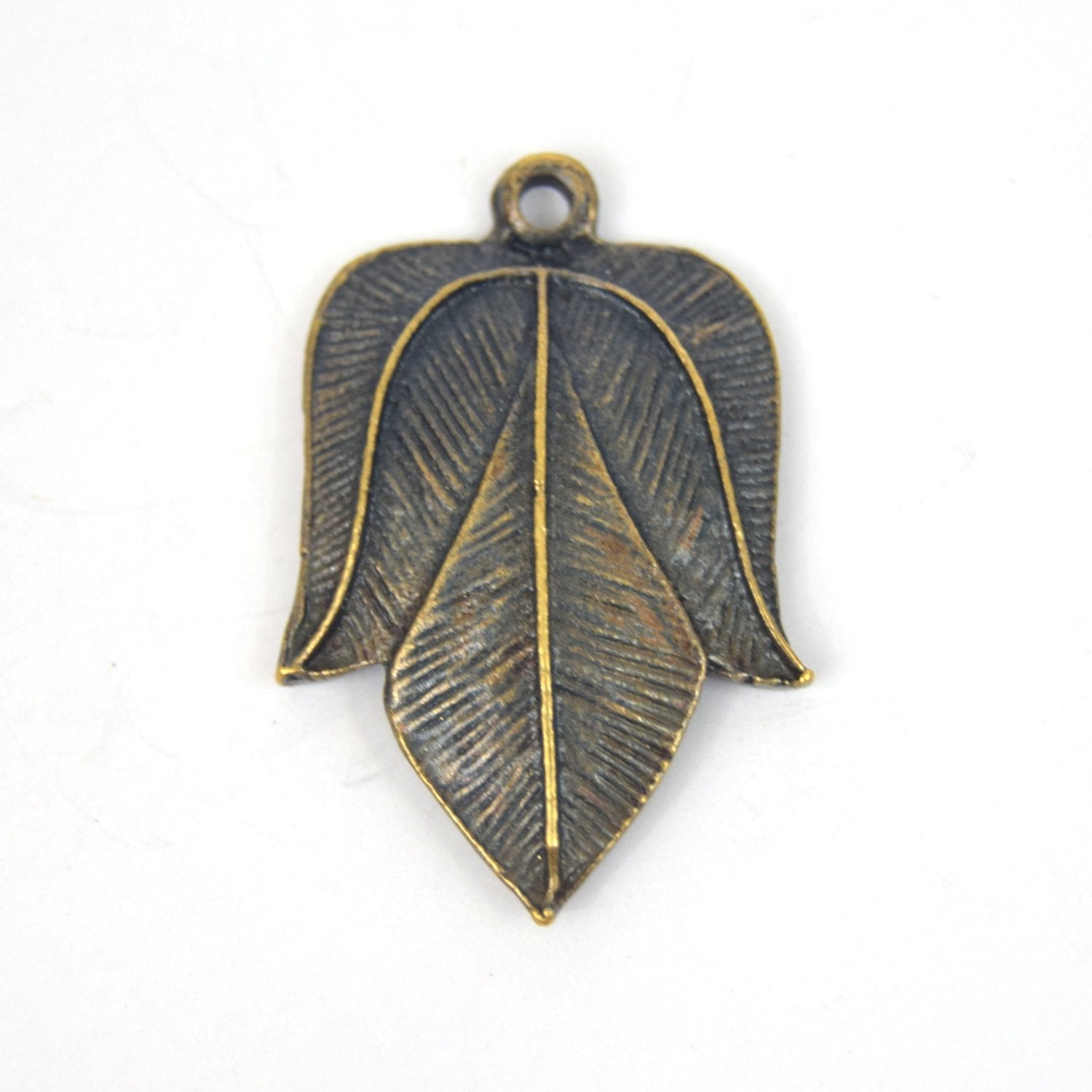 Antique Brass Plated Copper Embellished Lotus Leaf Charm/Pendant with- Measuring 19mm x 36mm - Sold Individually, Chosen at Random