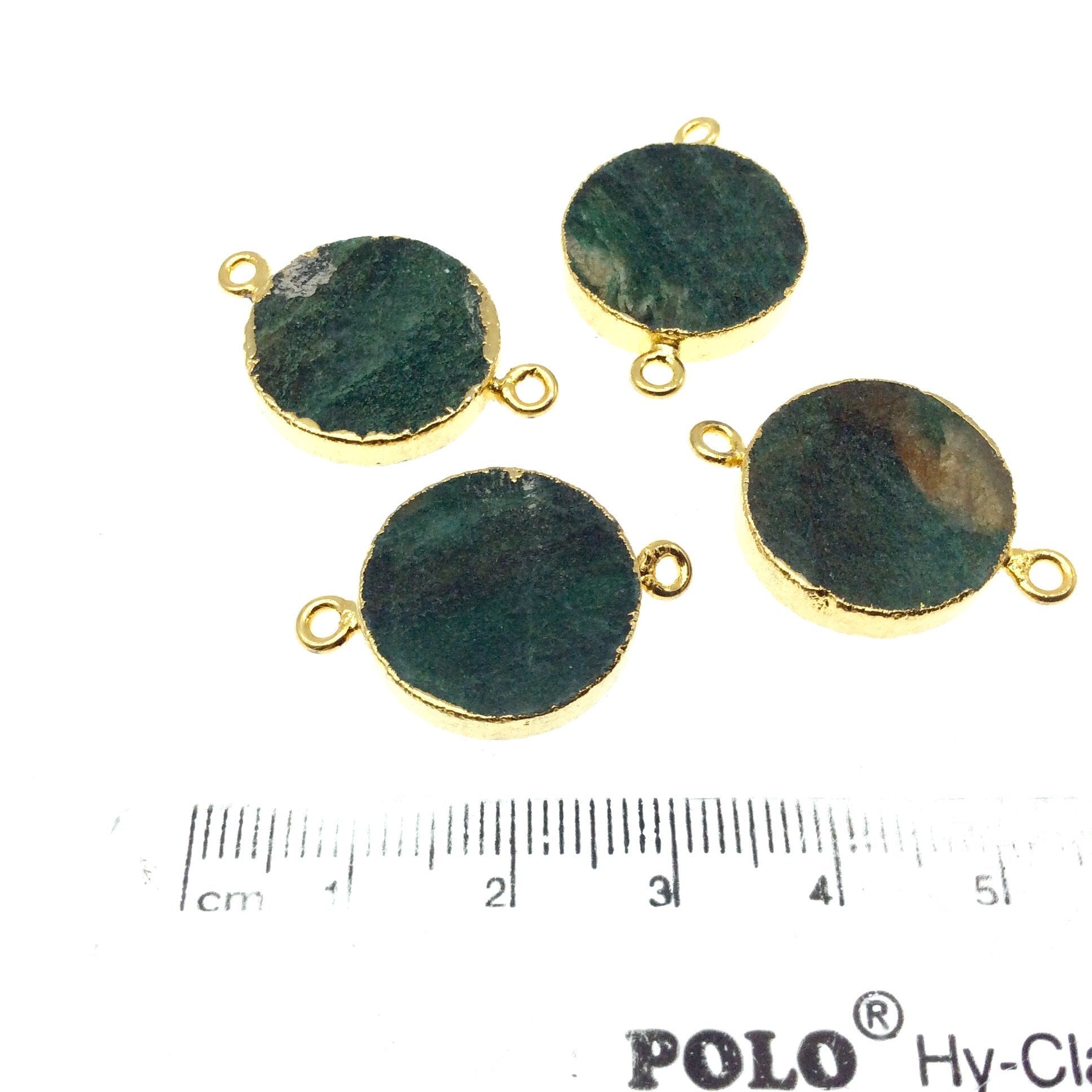 Gold Electroplated Natural Flat Green Aventurine Round/Coin Shaped Connector - 19mm - 21mm  Long Approx. - Sold Per Each, Selected at Random