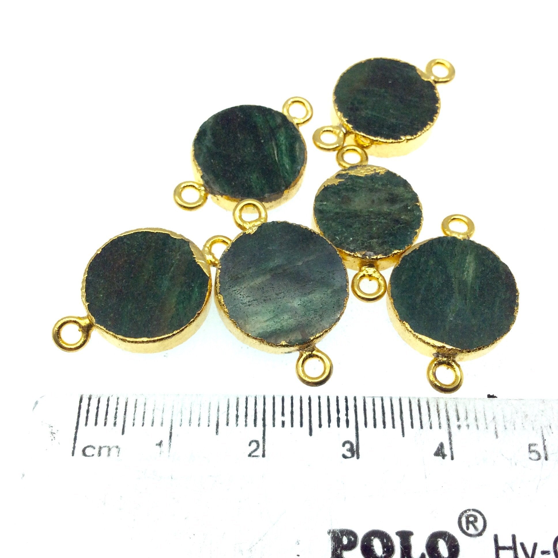 Gold Electroplated Natural Flat Green Aventurine Round/Coin Shaped Connector - 13mm - 15mm  Long Approx. - Sold Per Each, Selected at Random