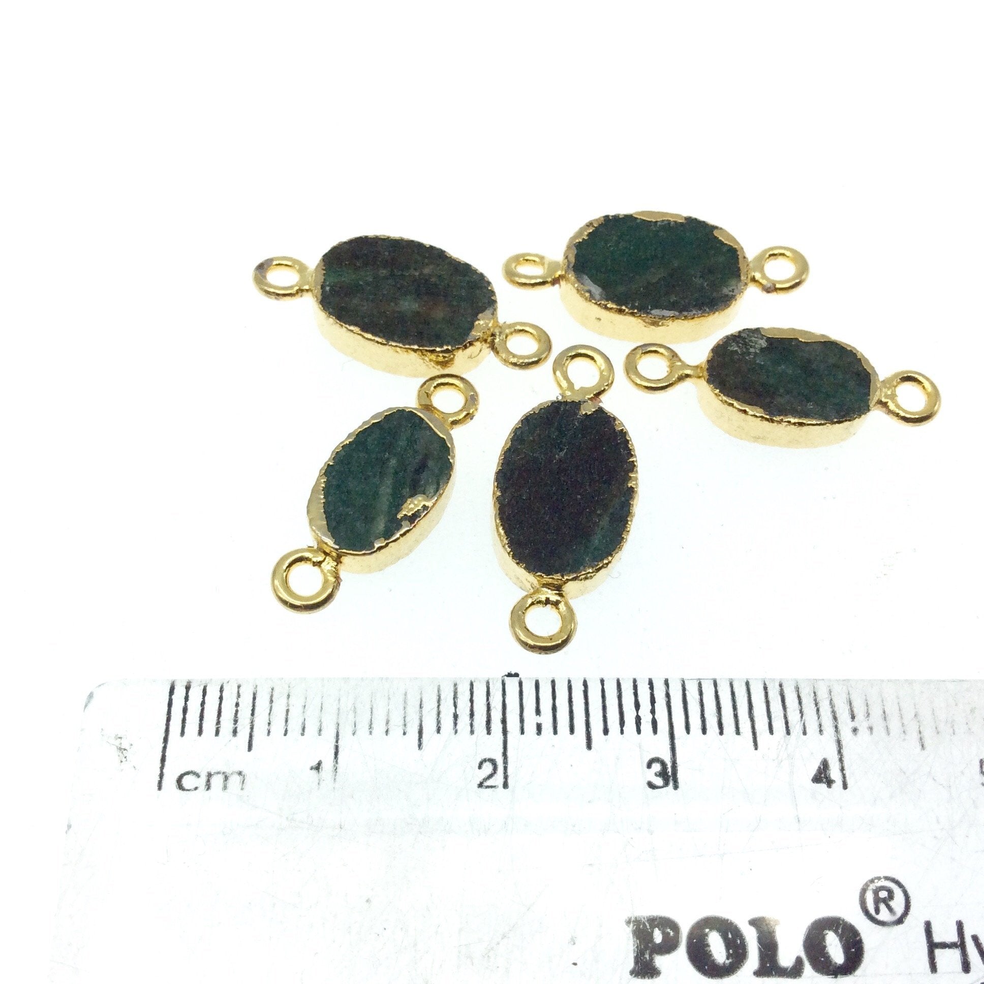 Gold Electroplated Natural Flat Green Aventurine Oval Shaped Connector - 10mm - 12mm  Long Approx. - Sold Per Each, Selected at Random