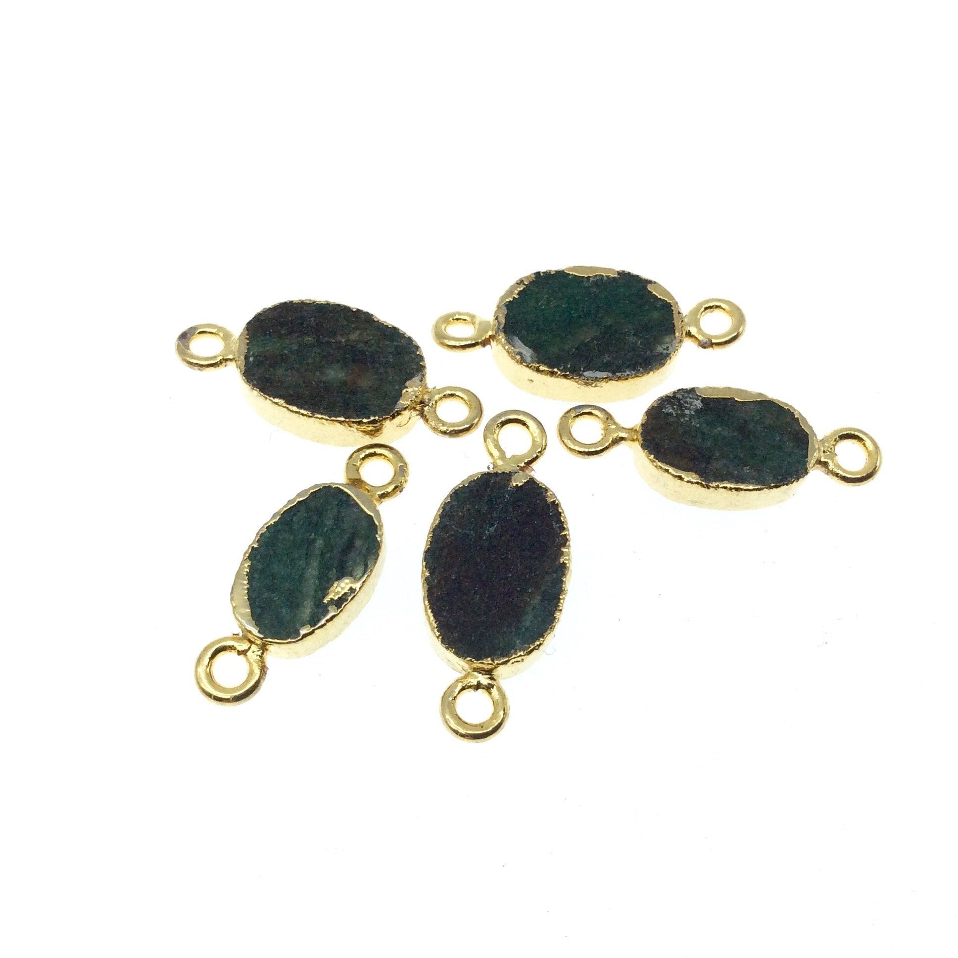 Gold Electroplated Natural Flat Green Aventurine Oval Shaped Connector - 10mm - 12mm  Long Approx. - Sold Per Each, Selected at Random