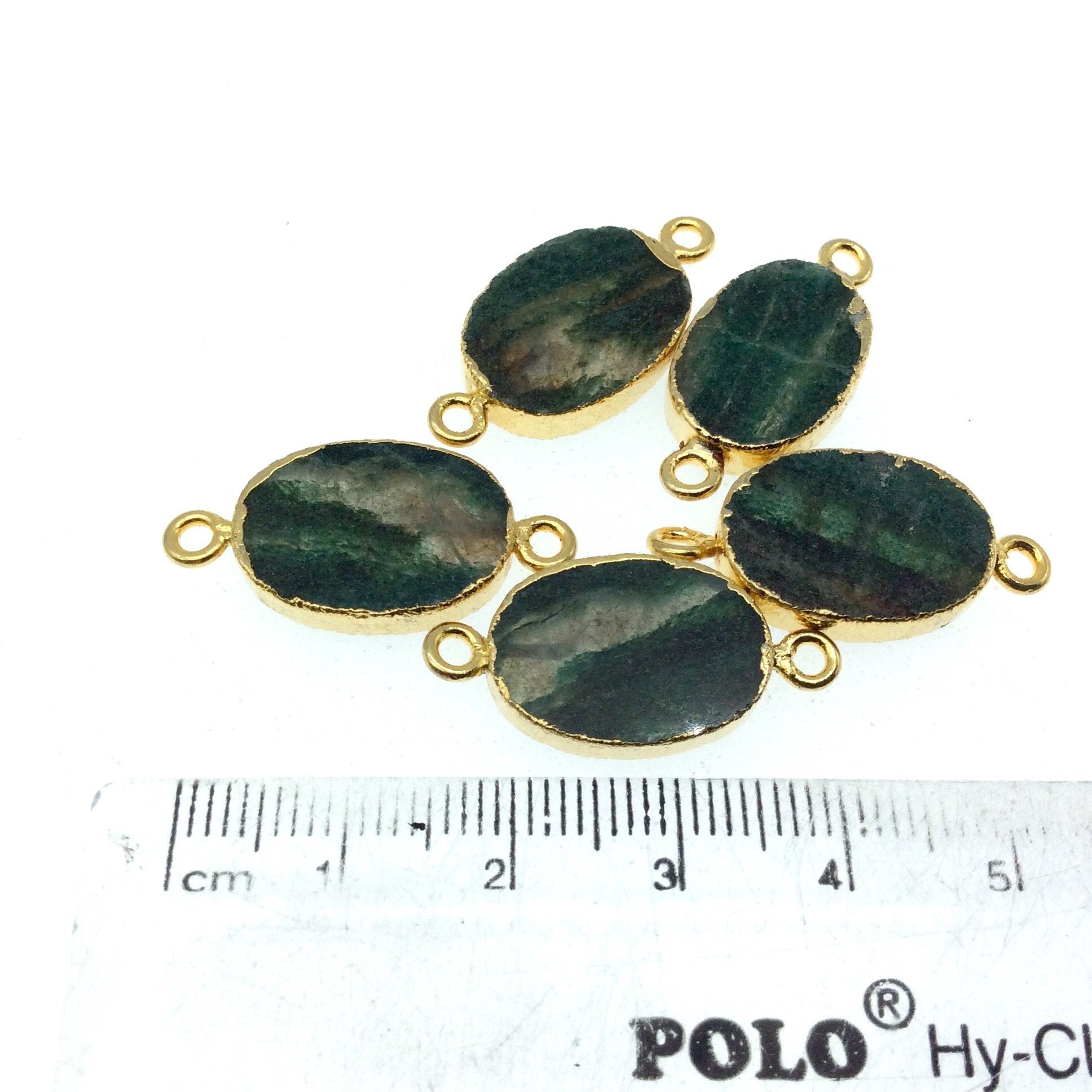 Gold Electroplated Natural Flat Green Aventurine Oval Shaped Connector - 17mm - 19mm  Long Approx. - Sold Per Each, Selected at Random