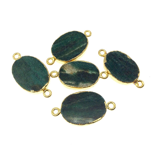 Gold Electroplated Natural Flat Green Aventurine Oval Shaped Connector - 20mm - 22mm  Long Approx. - Sold Per Each, Selected at Random
