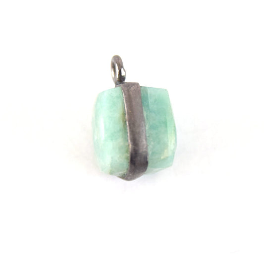 8-9mm Gunmetal Faceted Natural Green/Blue Amazonite Cube/Square Shaped Plated Copper Bezel Charm
