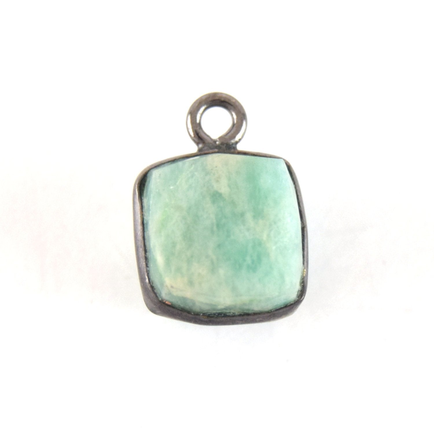 8-9mm Gunmetal Faceted Natural Green/Blue Amazonite Cube/Square Shaped Plated Copper Bezel Charm
