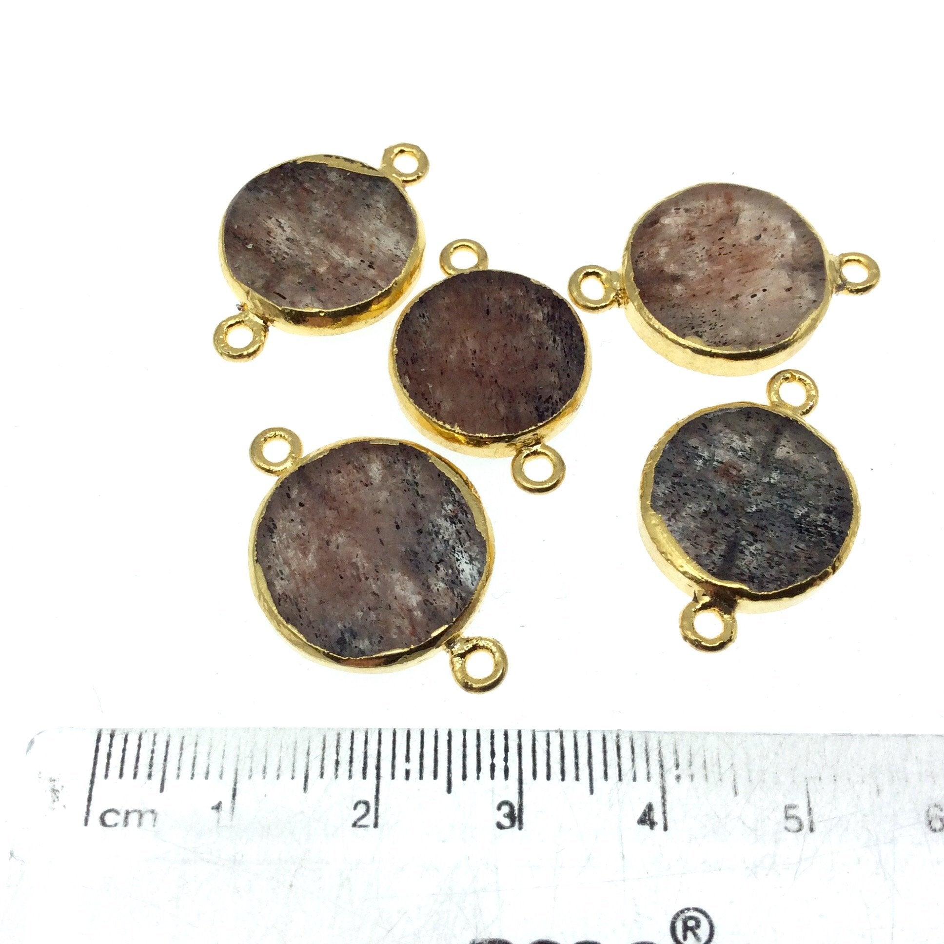 Gold Electroplated Natural Flat Red/Black Rutilated Quartz Coin Shape Connector - ~ 15mm - 16mm  Long  - Sold Per Each, Selected at Random