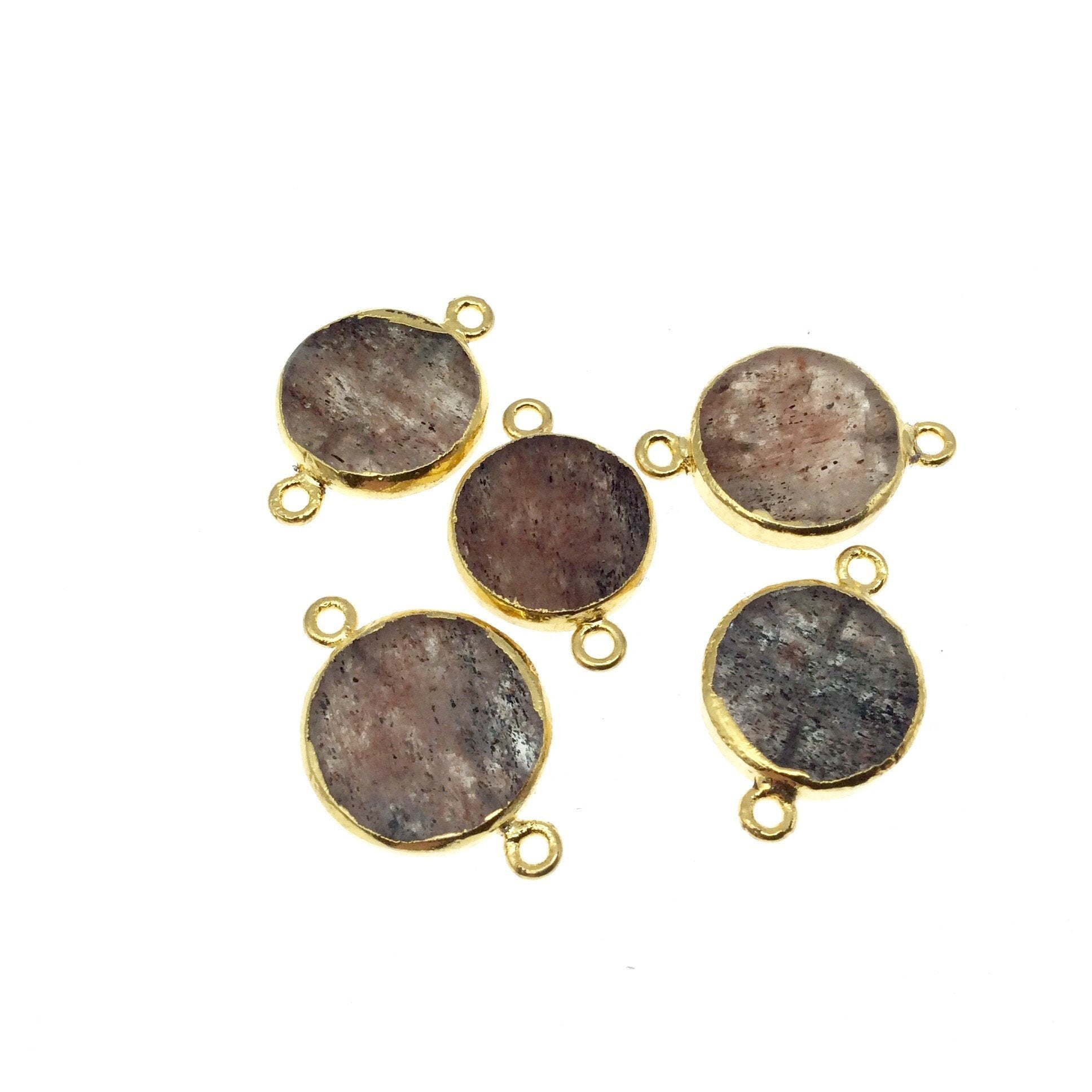 Gold Electroplated Natural Flat Red/Black Rutilated Quartz Coin Shape Connector - ~ 15mm - 16mm  Long  - Sold Per Each, Selected at Random