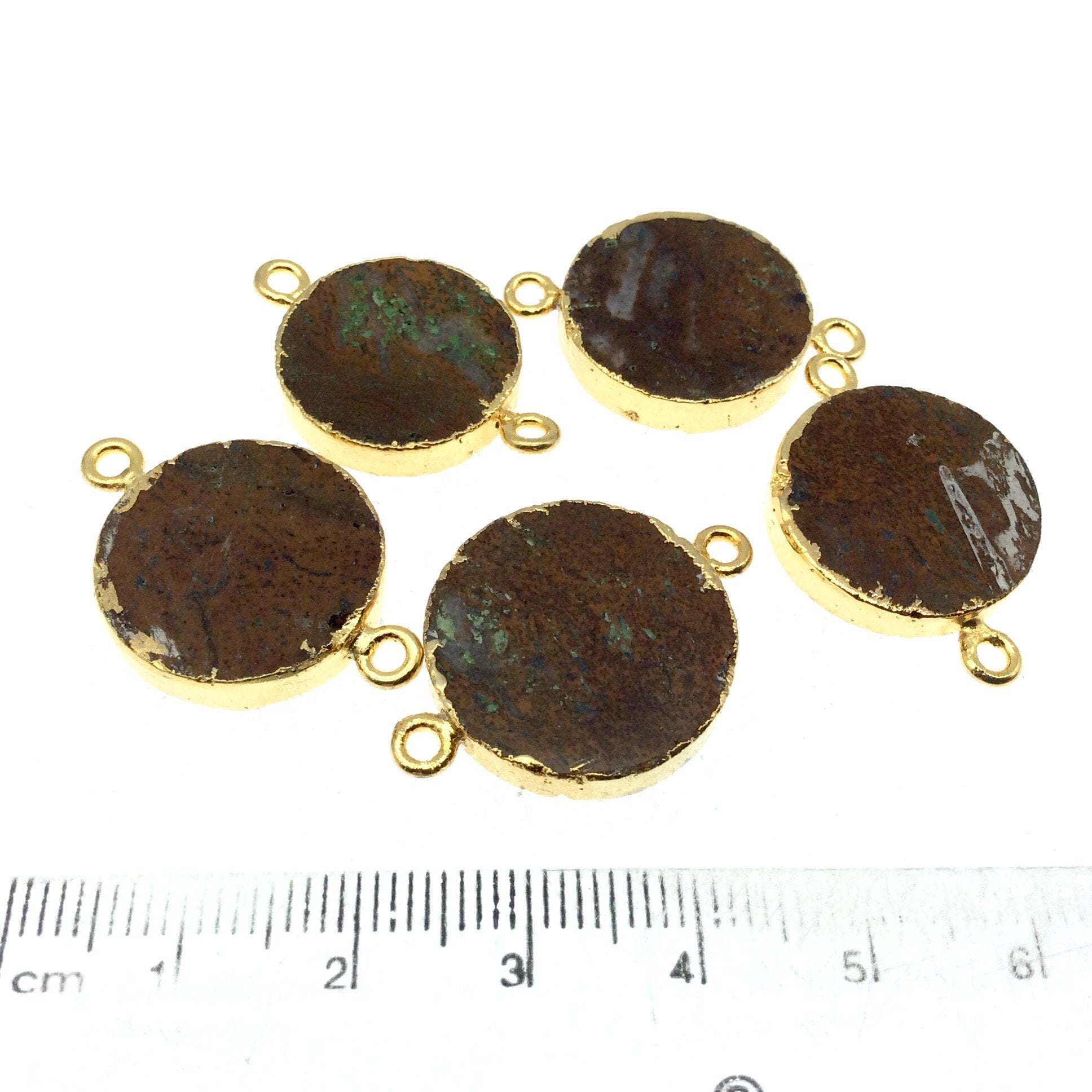Gold Electroplated Natural Flat Yellow Jasper Round/Coin Shaped Connector - 19mm - 21mm  Long Approx. - Sold Per Each, Selected at Random