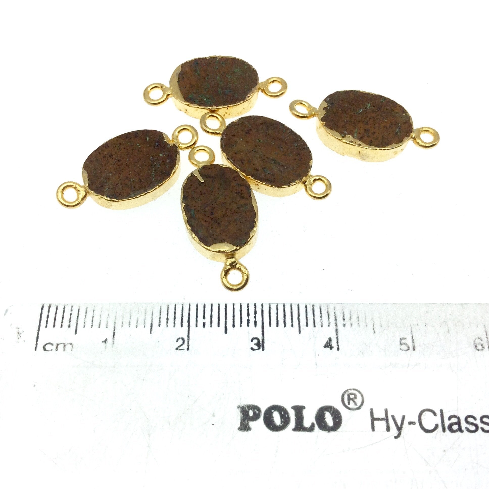 Gold Electroplated Natural Flat Yellow Jasper Oval Shaped Connector - 12mm - 14mm  Long Approx. - Sold Per Each, Selected at Random