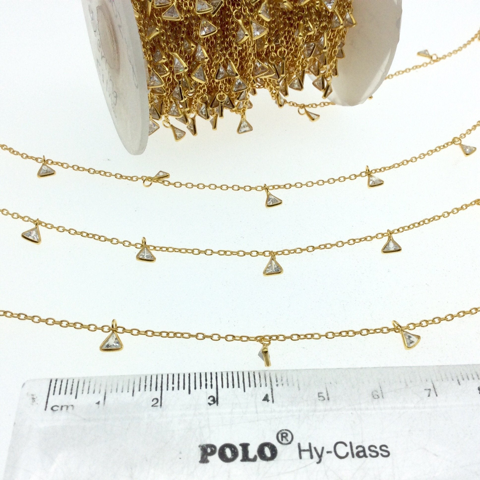 Sterling Silver Bezel Dangle Rosary Chain with 4mm Cut Stone Flat Back Cubic Zirconia Triangle Dangles - Sold by the Foot