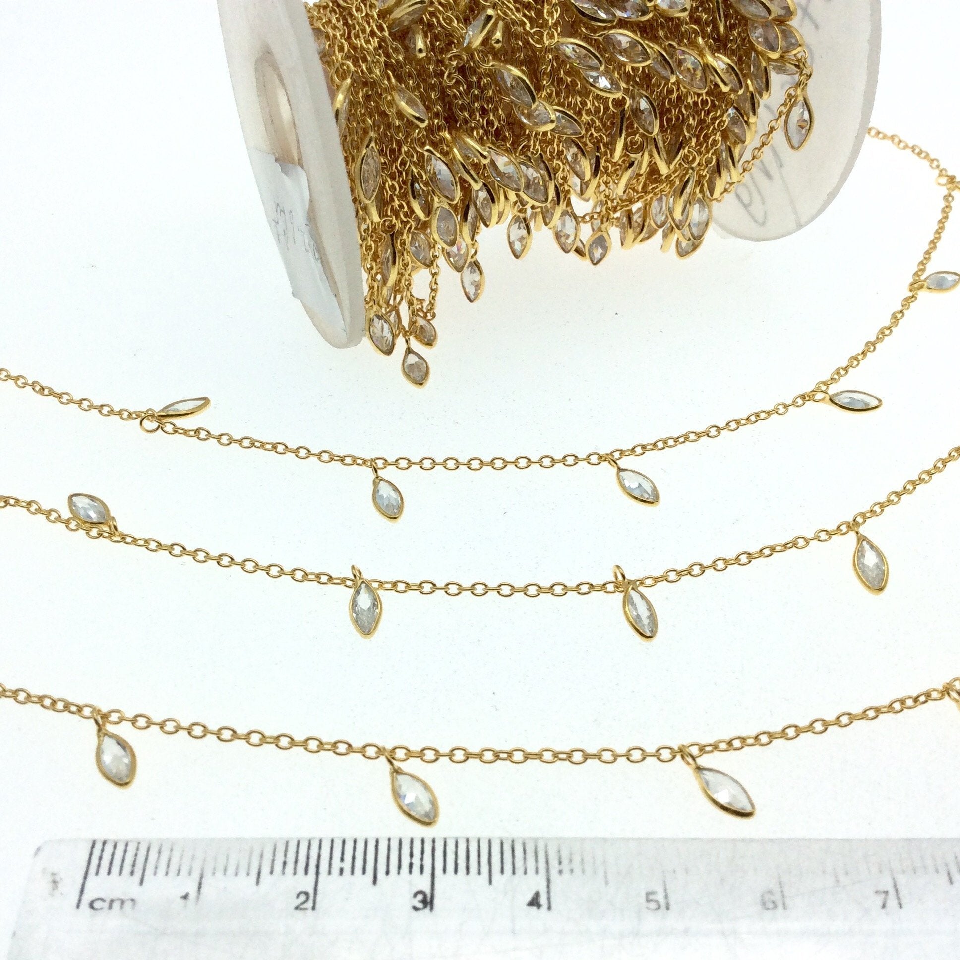 Sterling Silver Bezel Dangle Rosary Chain with 4mm Cut Stone Flat Back Cubic Zirconia Marquise Dangles - Sold by the Foot