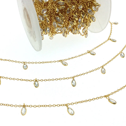 Vermeil Bezel Dangle Rosary Chain | 4mm Cut Stone Flat Back Cubic Zirconia Oval Dangles - Sold by the Foot